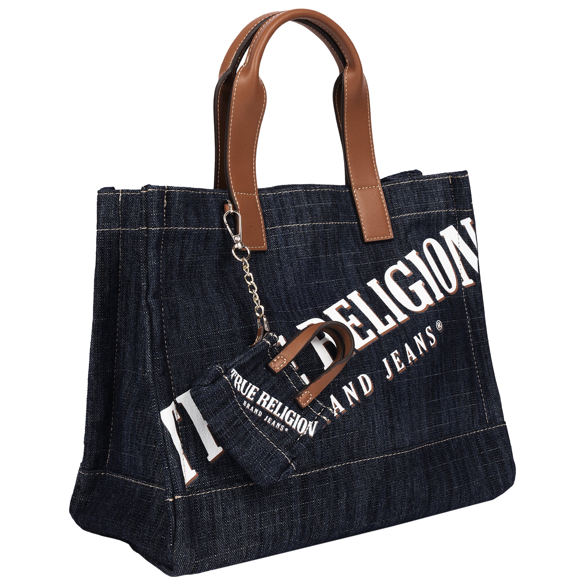True Religion Medium Logo Denim Tote with Tote Dangle Charm