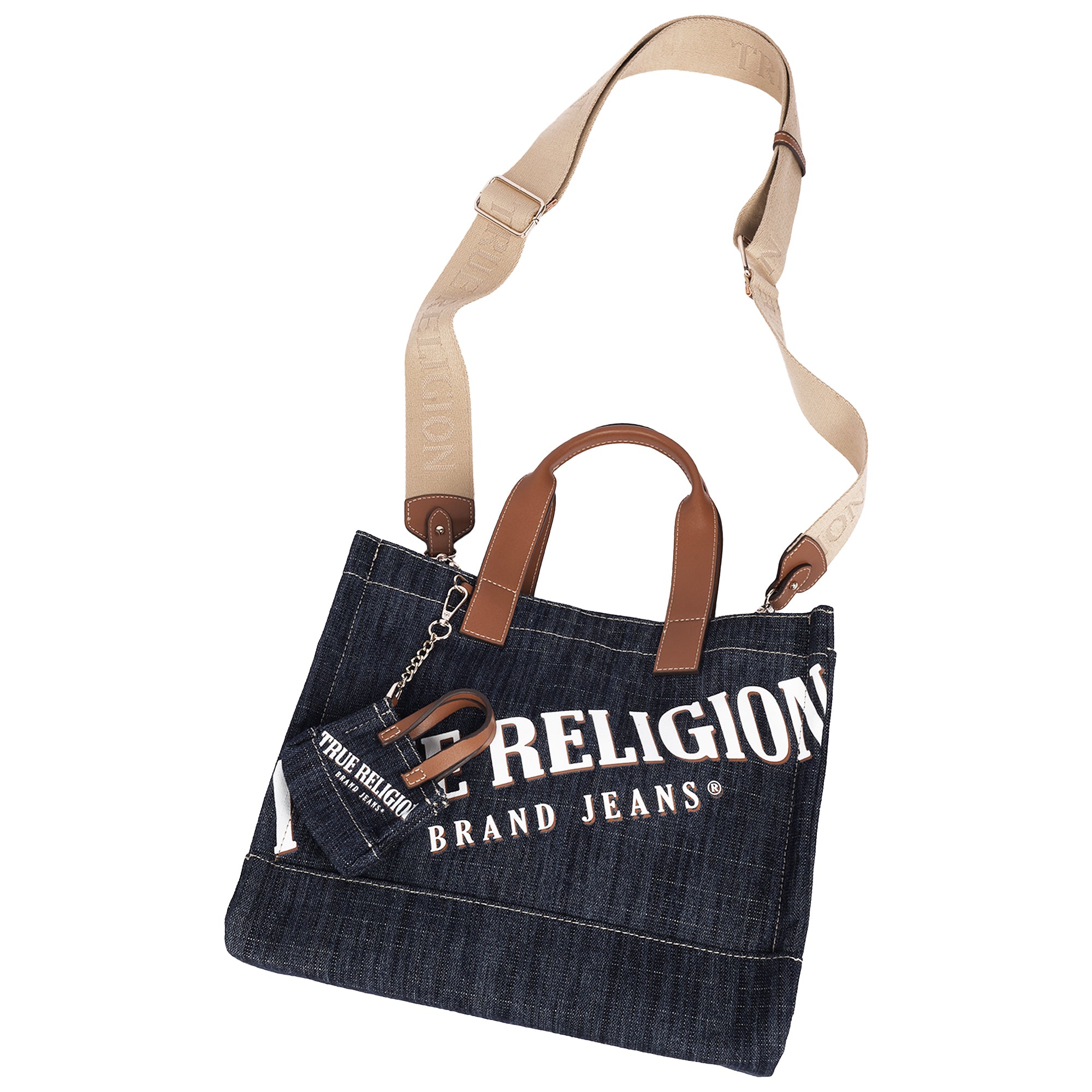 True Religion Medium Logo Denim Tote with Tote Dangle Charm