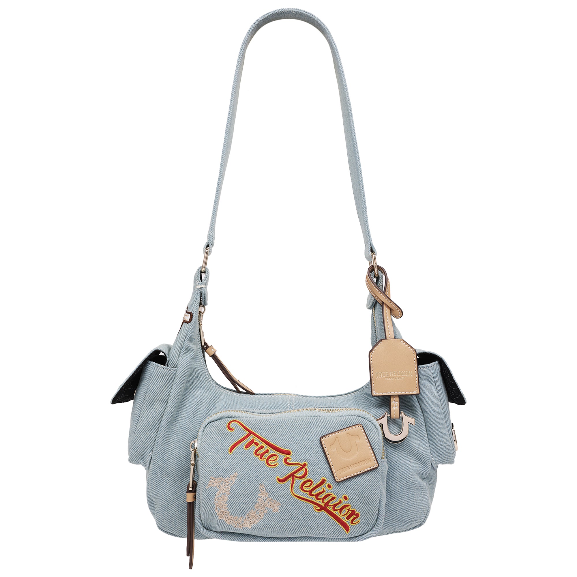 True Religion Multi-Patch Denim Hobo Shoulder Bag