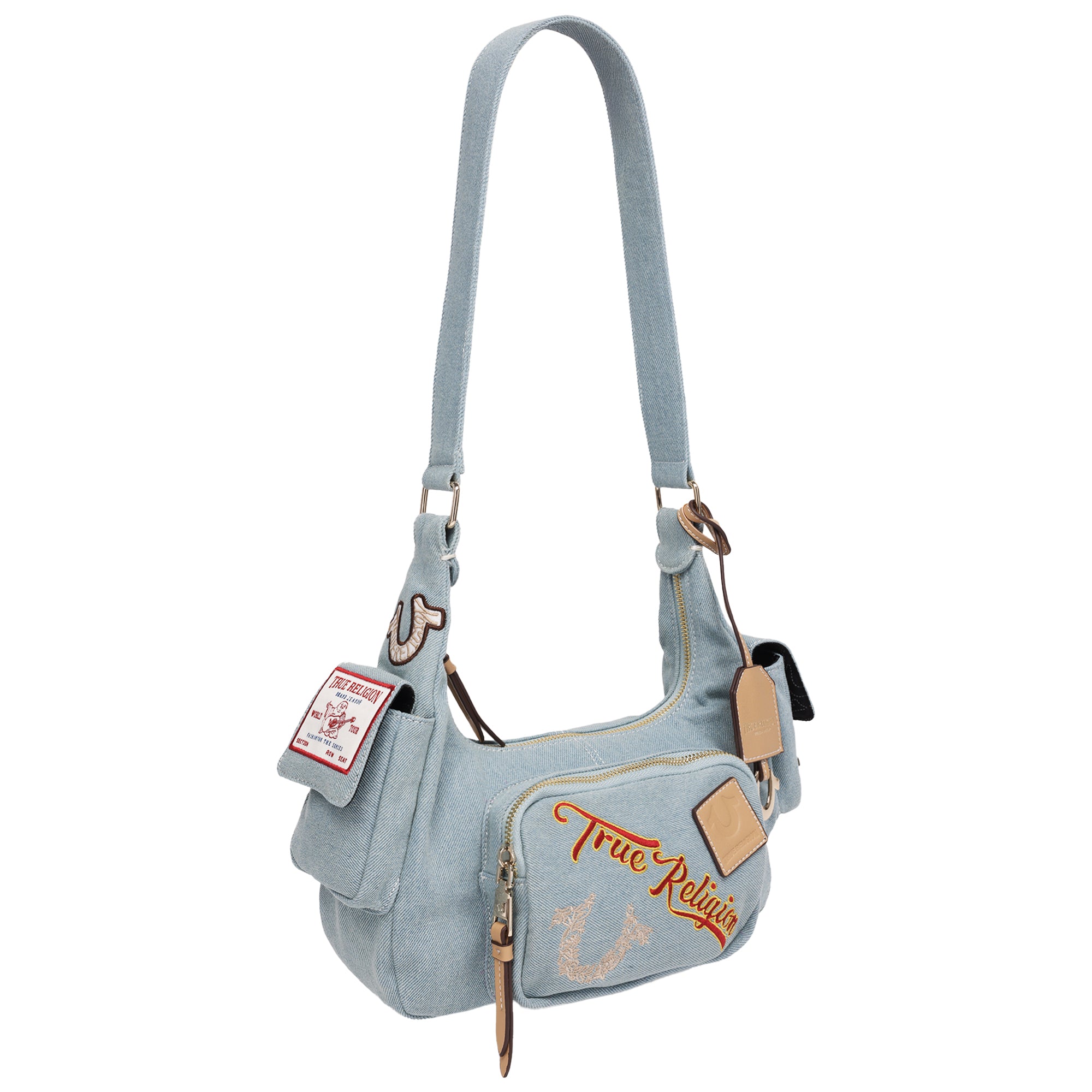 True Religion Multi-Patch Denim Hobo Shoulder Bag