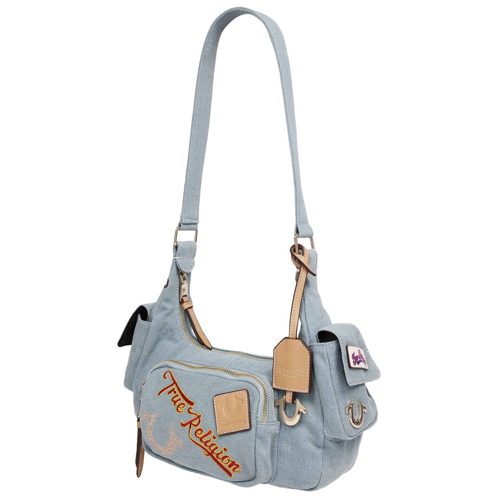 True Religion Multi-Patch Denim Hobo Shoulder Bag