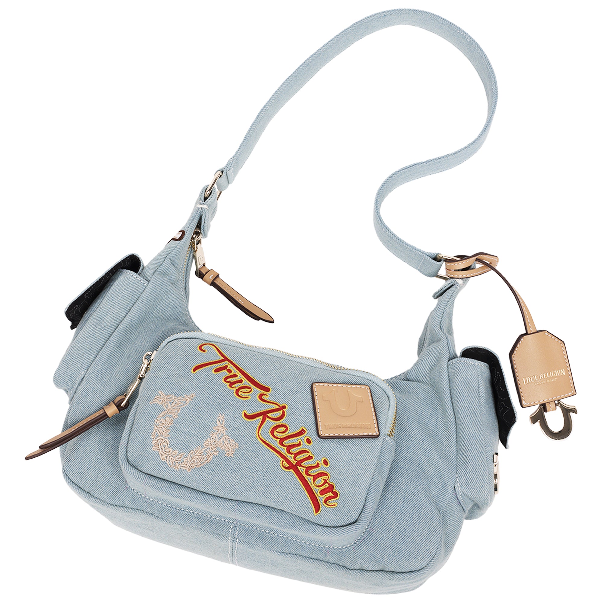 True Religion Multi-Patch Denim Hobo Shoulder Bag