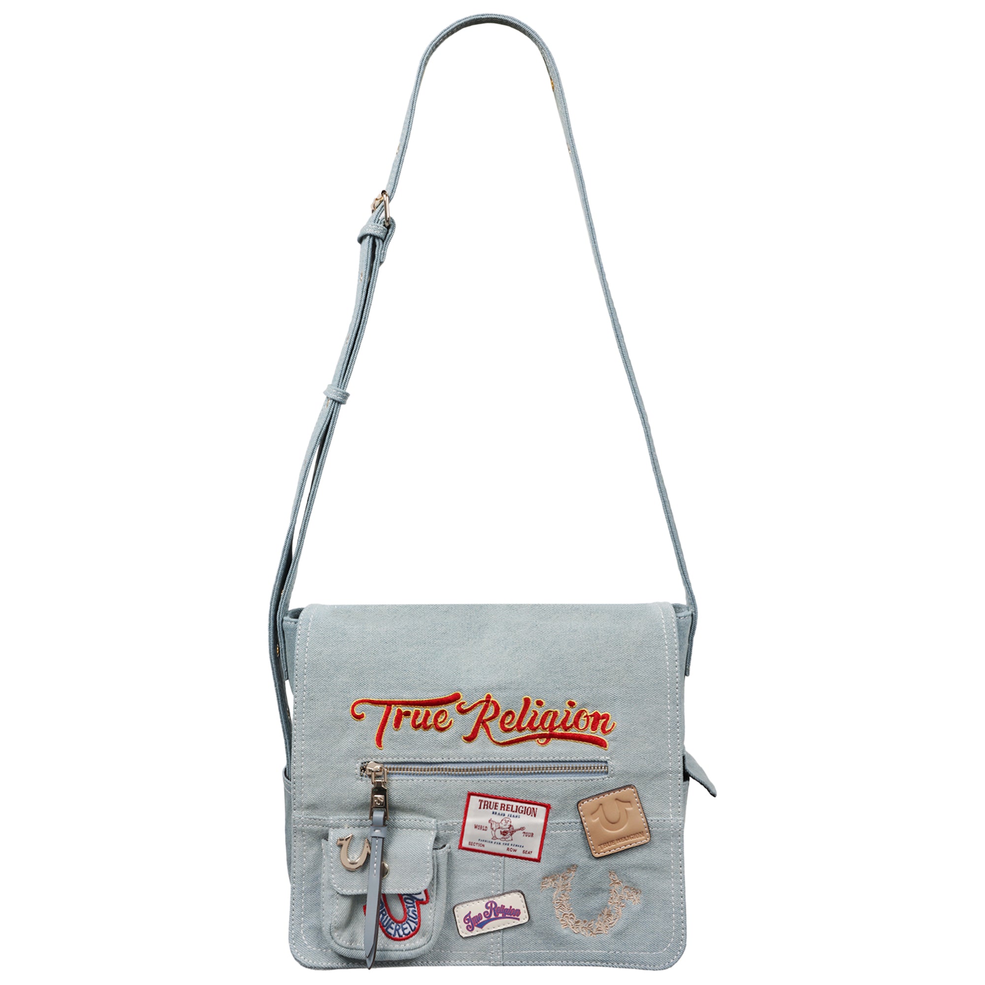 True Religion Multi Patch Denim Messenger Bag