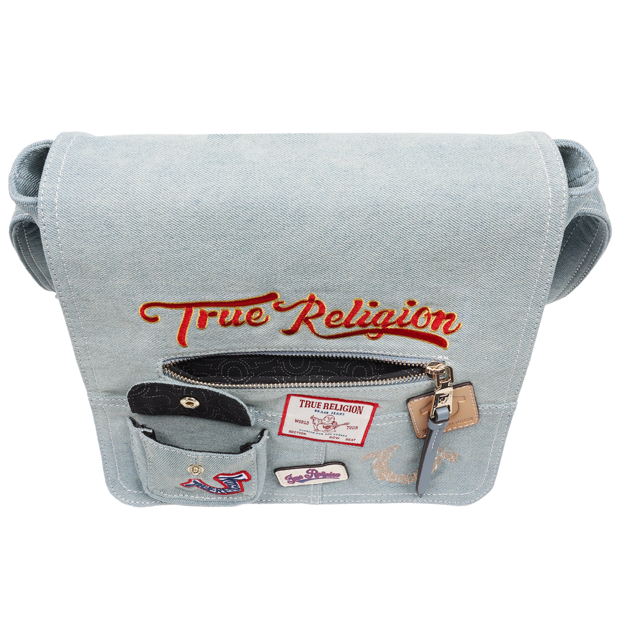 True Religion Multi Patch Denim Messenger Bag