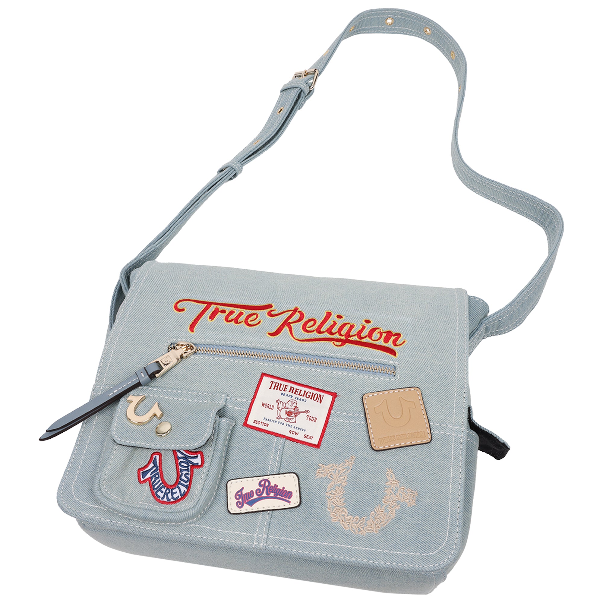 True Religion Multi Patch Denim Messenger Bag