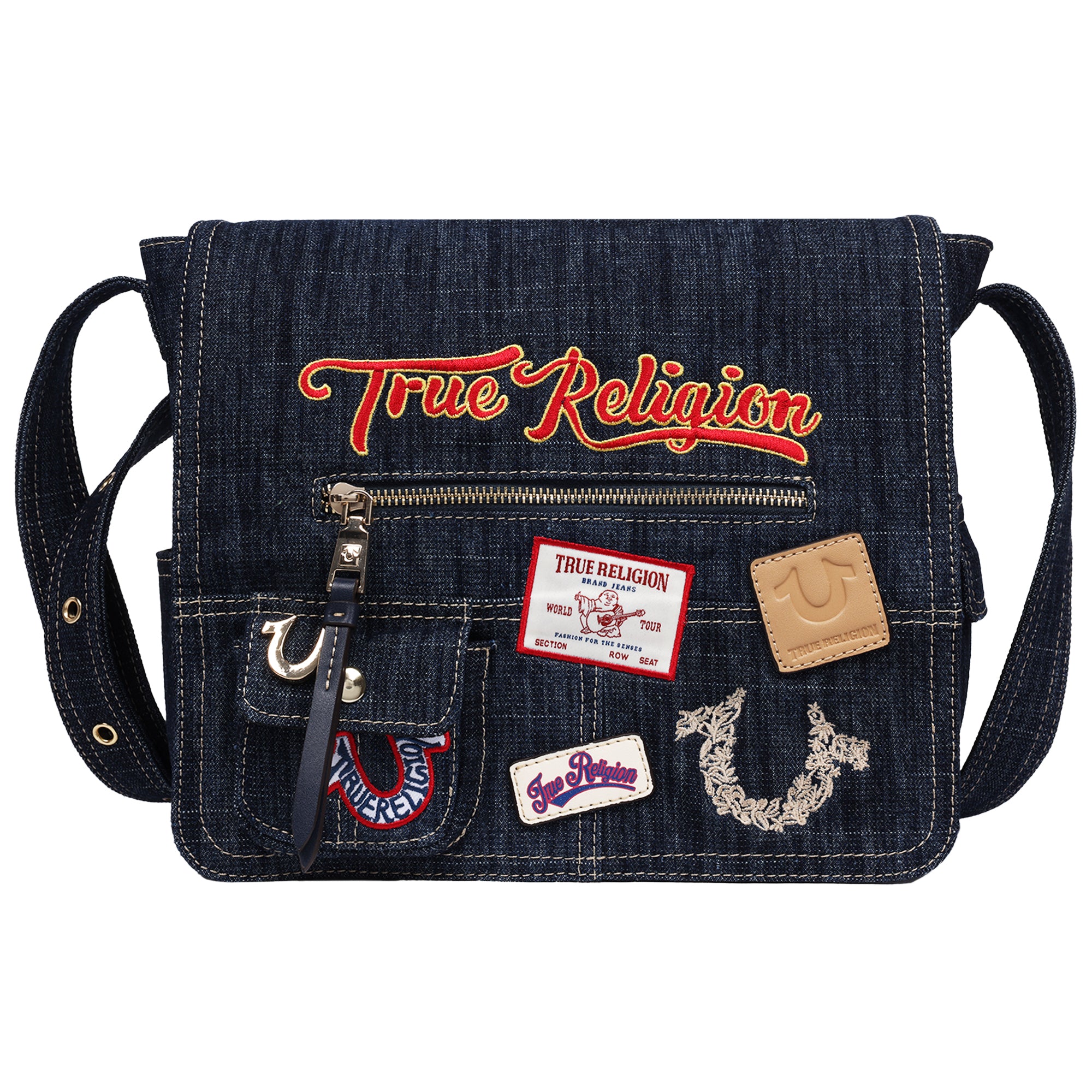 True Religion Multi Patch Denim Messenger Bag