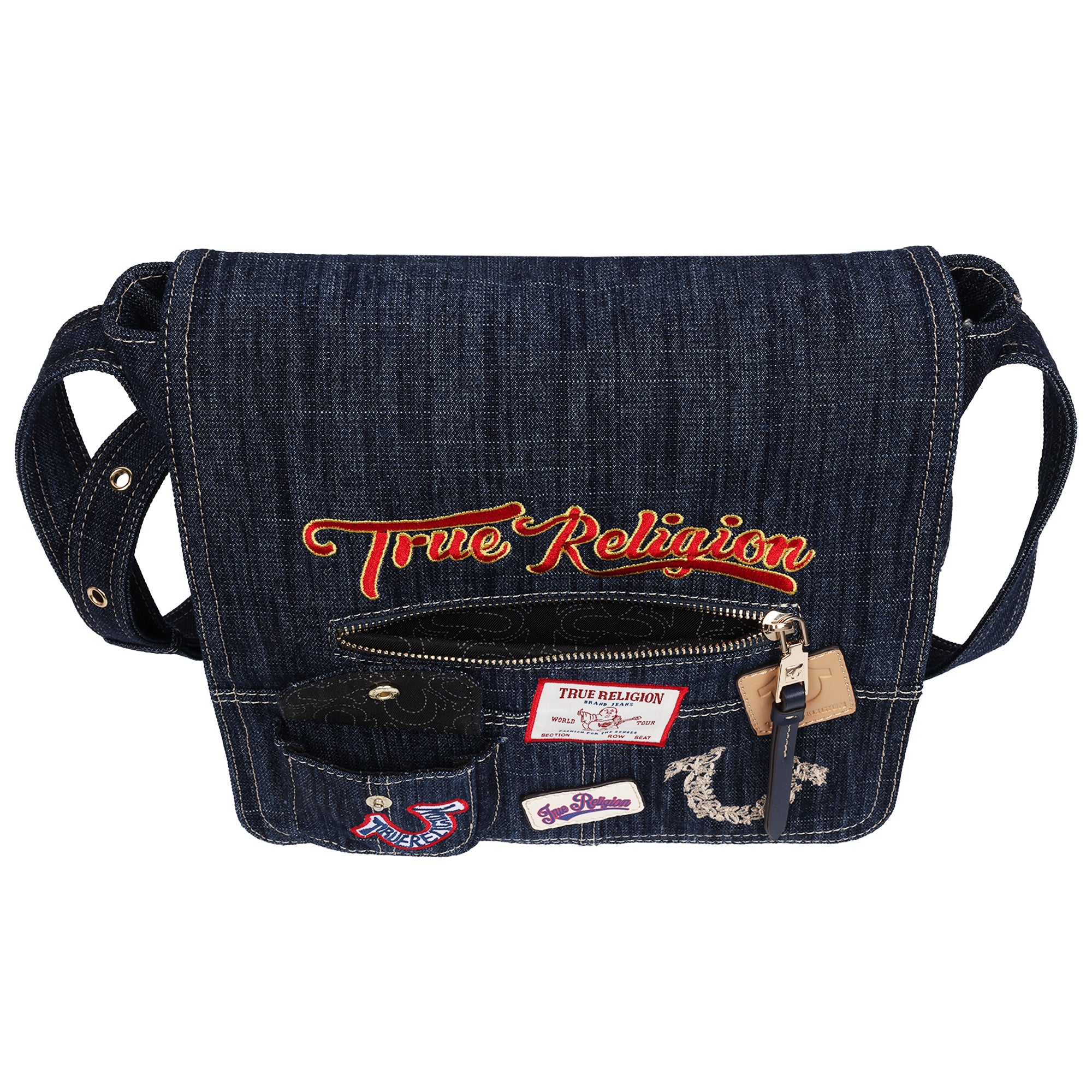 True Religion Multi Patch Denim Messenger Bag