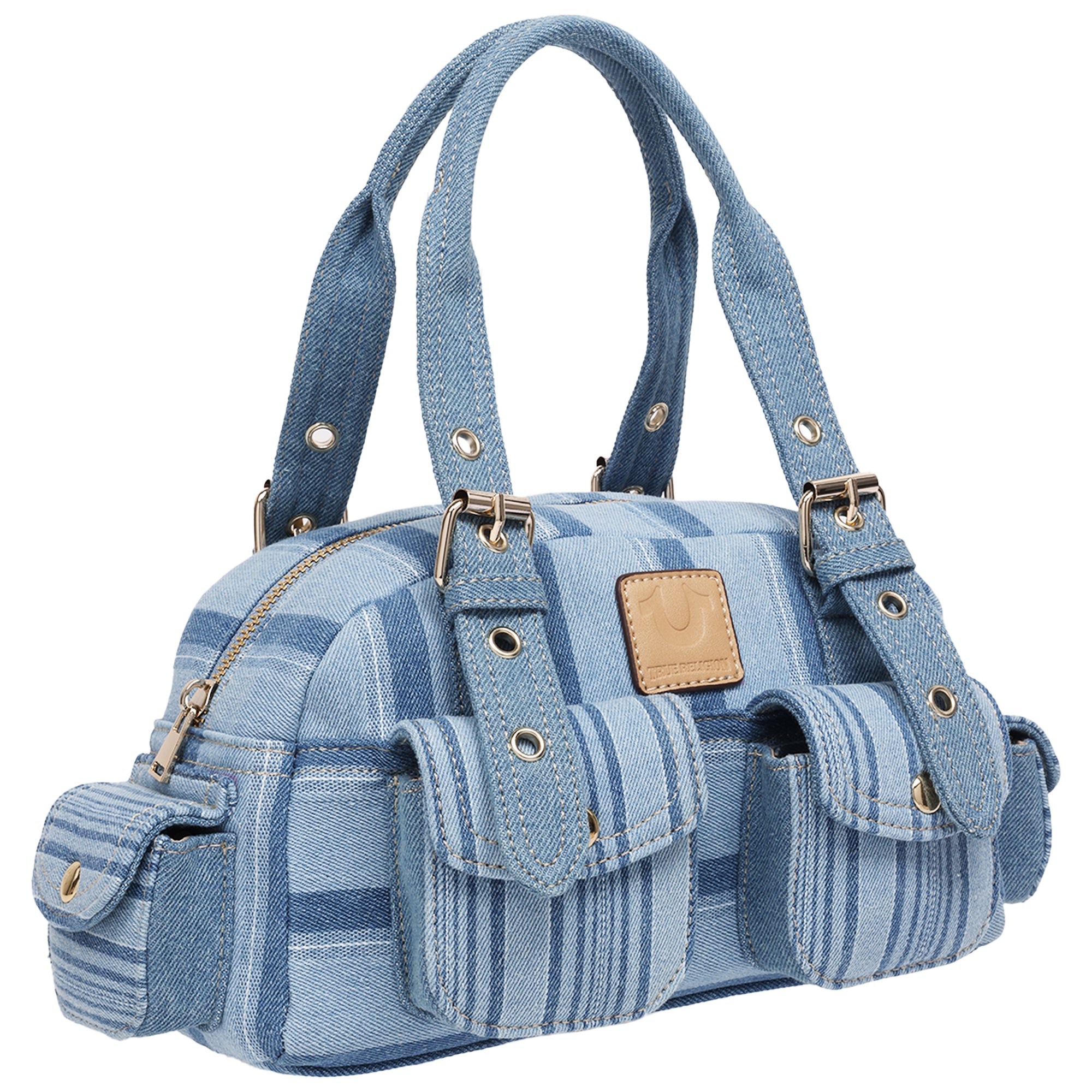 True Religion Multi Stripe Soft Satchel – Denim Mini Handbag with Utility Pockets