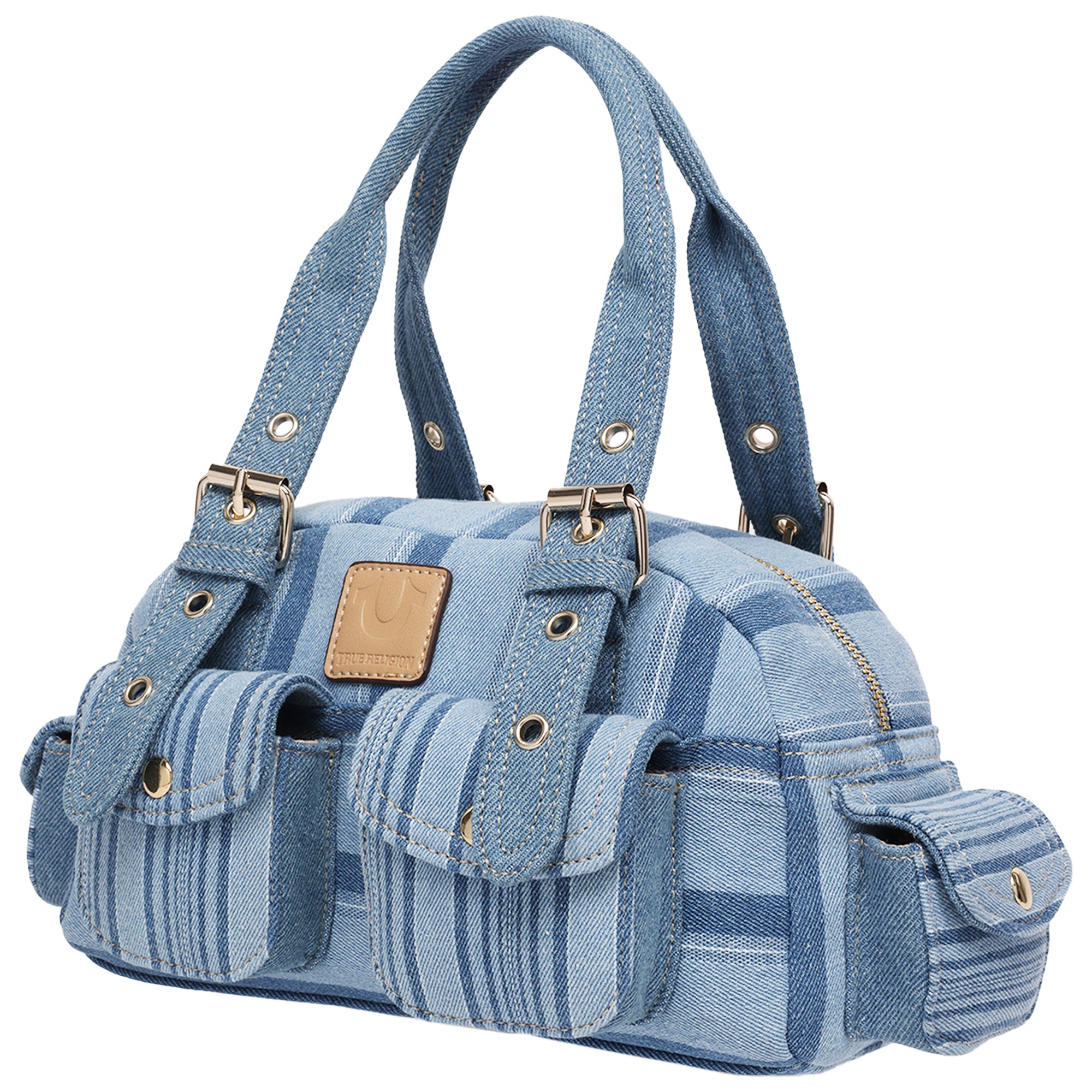 True Religion Multi Stripe Soft Satchel – Denim Mini Handbag with Utility Pockets