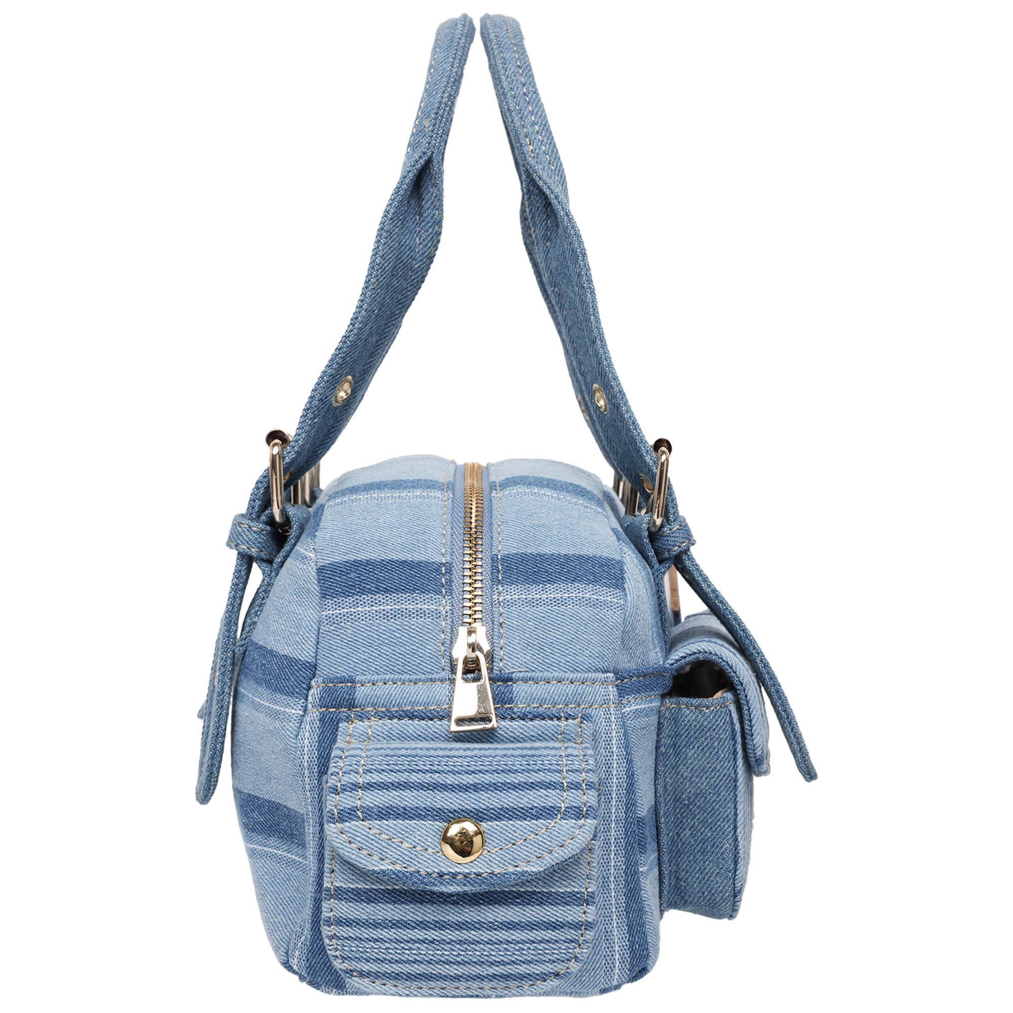 True Religion Multi Stripe Soft Satchel – Denim Mini Handbag with Utility Pockets