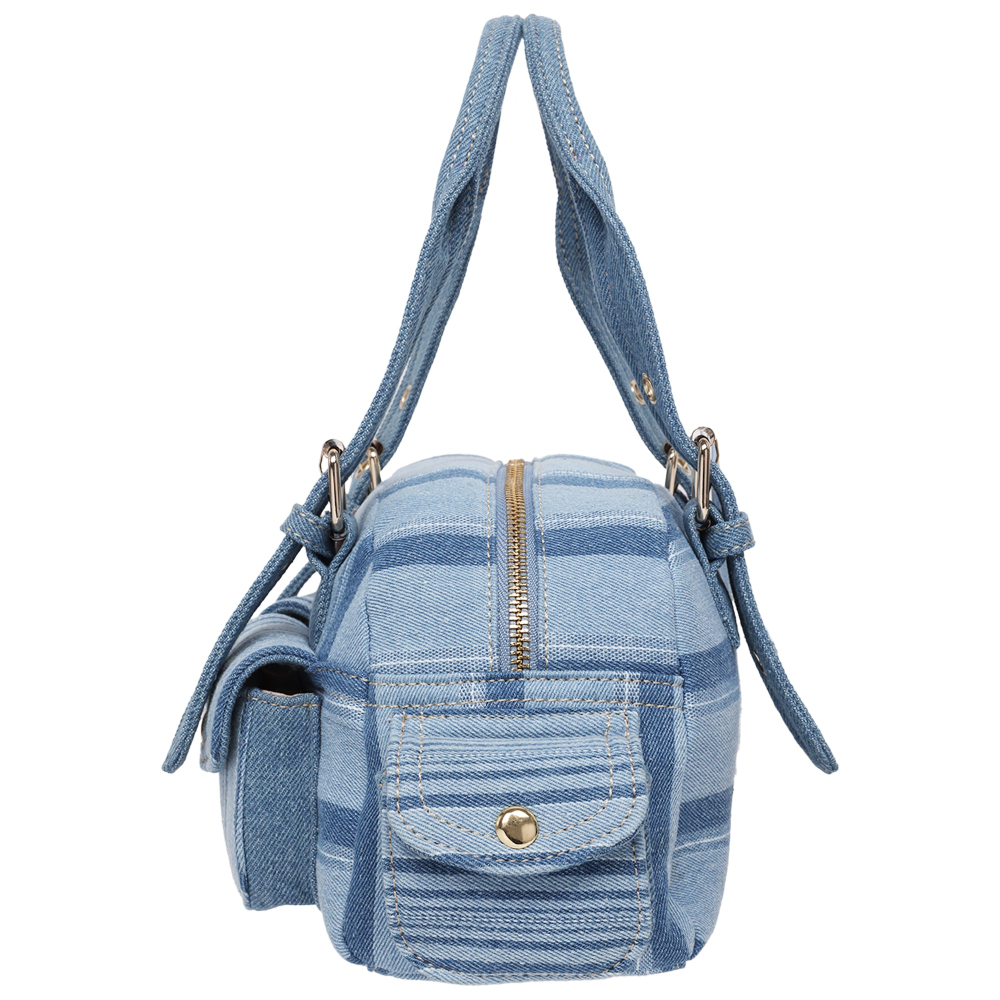 True Religion Multi Stripe Soft Satchel – Denim Mini Handbag with Utility Pockets