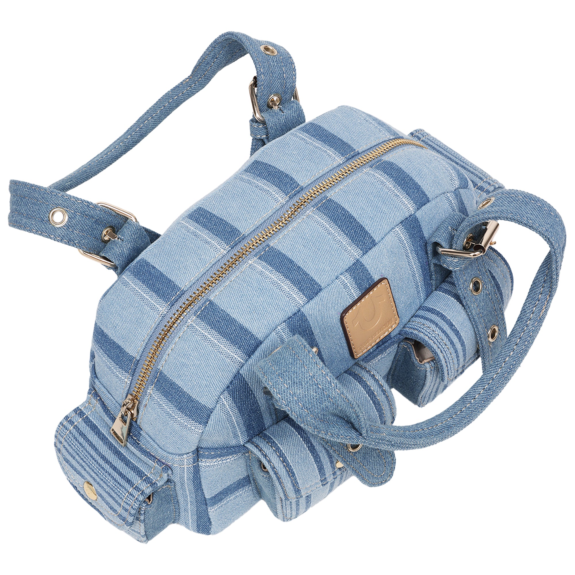 True Religion Multi Stripe Soft Satchel – Denim Mini Handbag with Utility Pockets