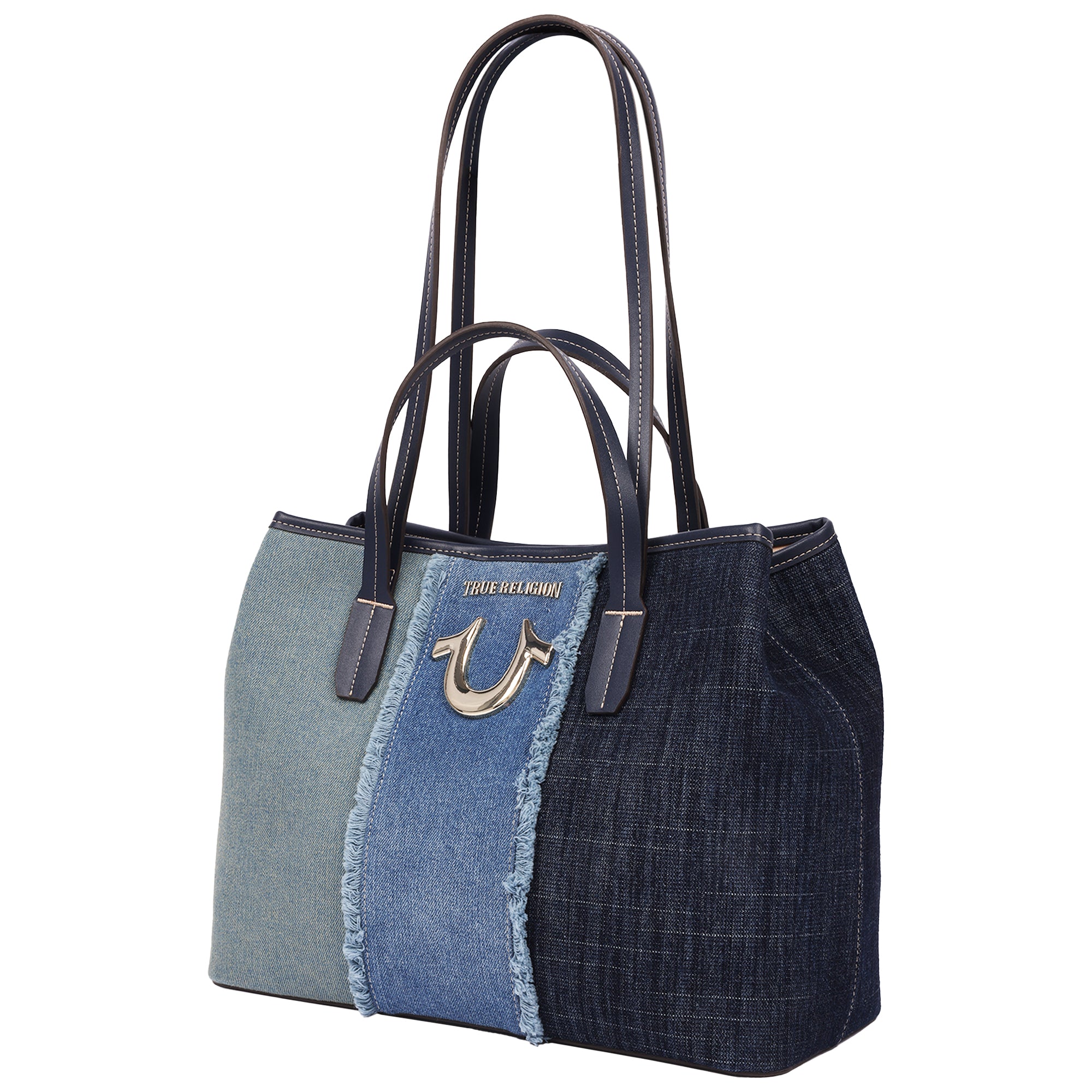 True Religion Frayed Denim Horseshoe Tote with Removable Wristlet