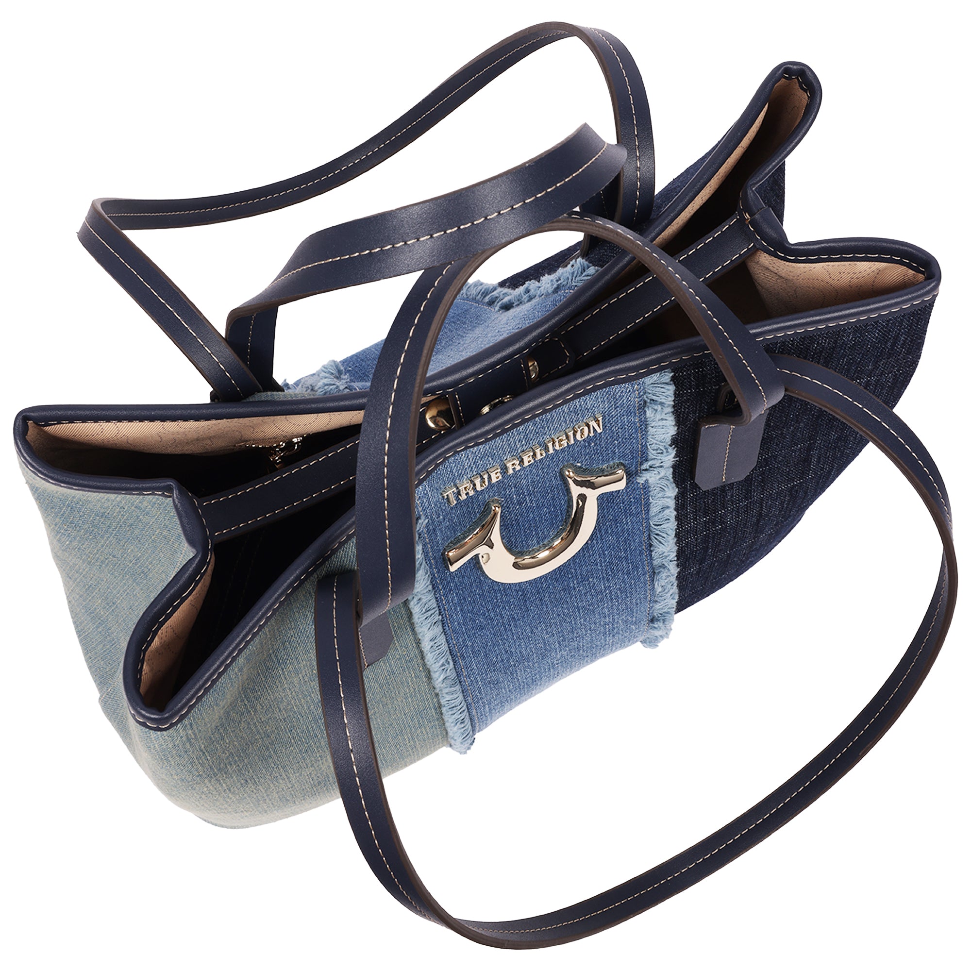 True Religion Frayed Denim Horseshoe Tote with Removable Wristlet