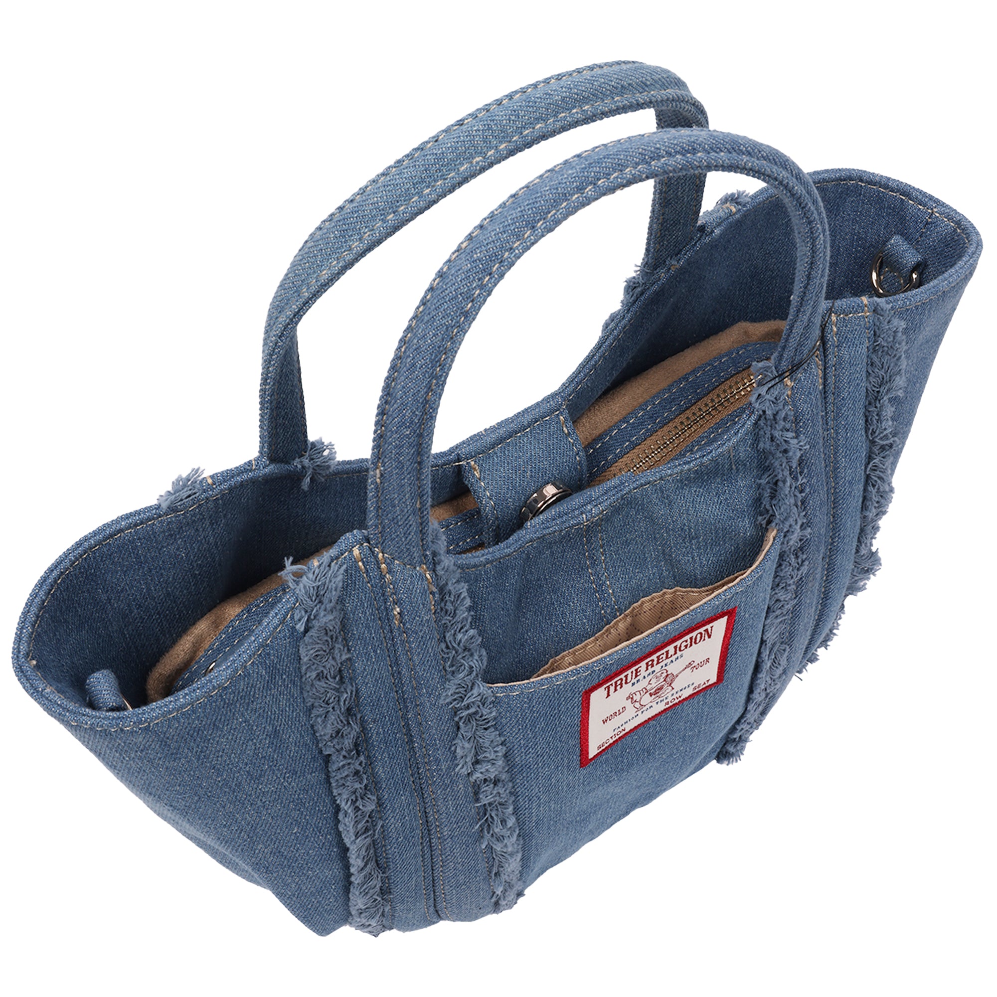 True Religion Atlas Frayed Medium Tote Bag – Denim Carryall with Removable Crossbody Strap