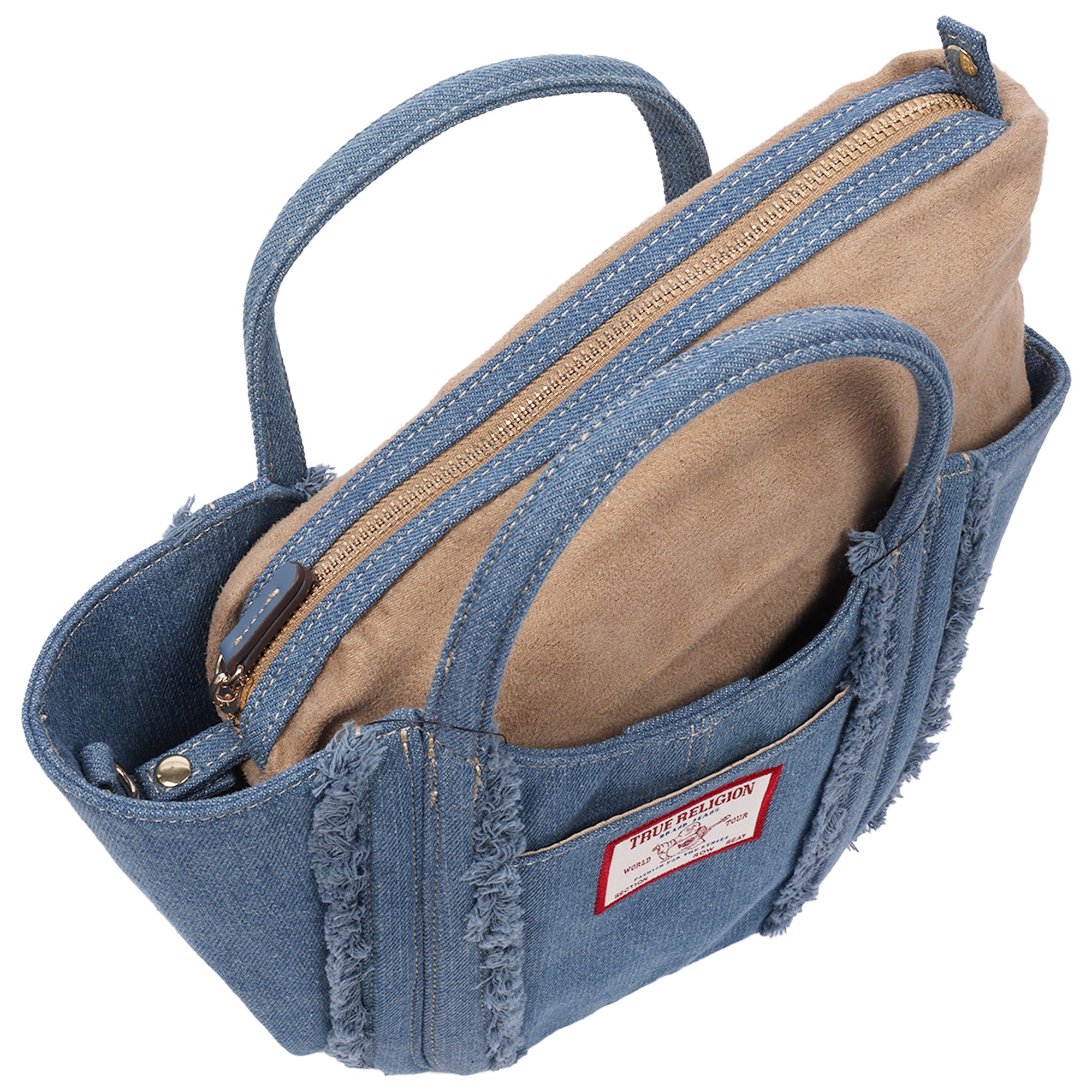 True Religion Atlas Frayed Medium Tote Bag – Denim Carryall with Removable Crossbody Strap