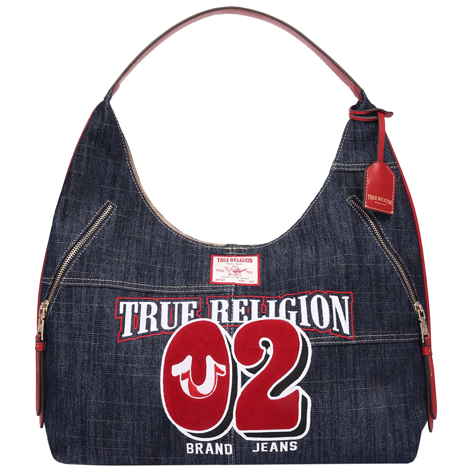 True Religion Varsity Logo Zip Pocket Denim Hobo Bag – Dark Denim Shoulder Purse