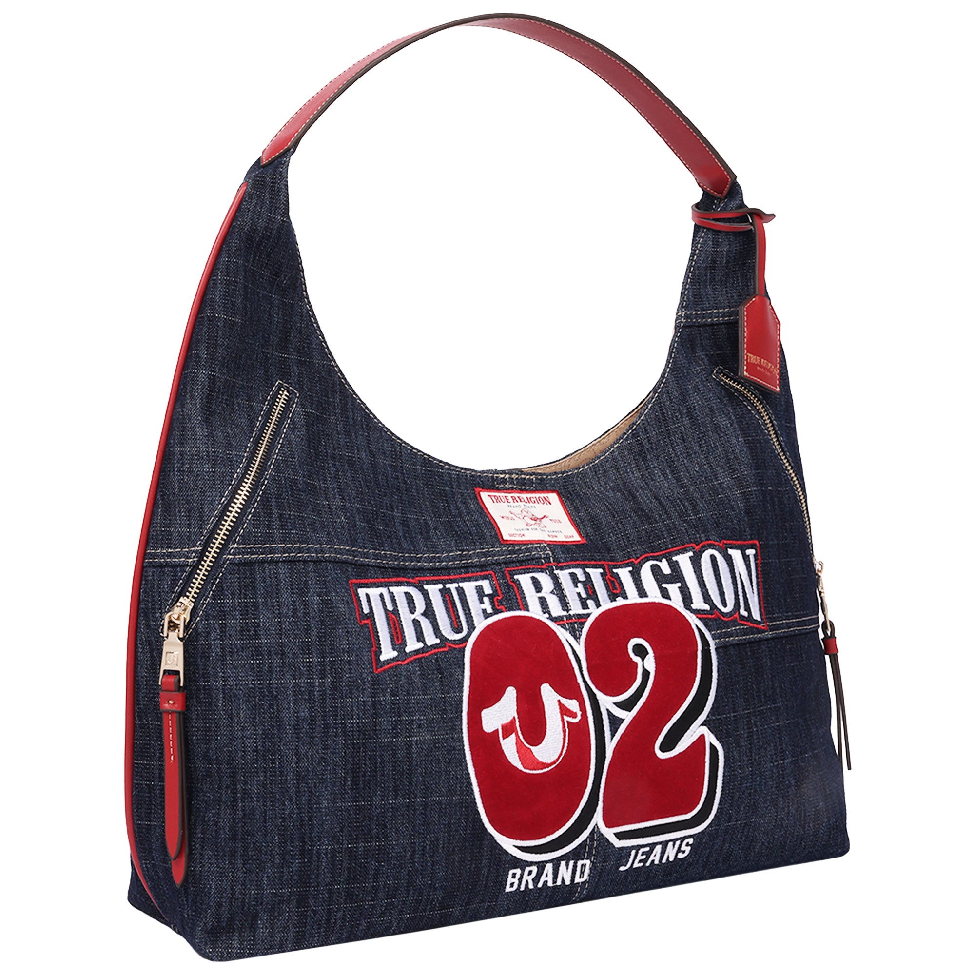 True Religion Varsity Logo Zip Pocket Denim Hobo Bag – Dark Denim Shoulder Purse