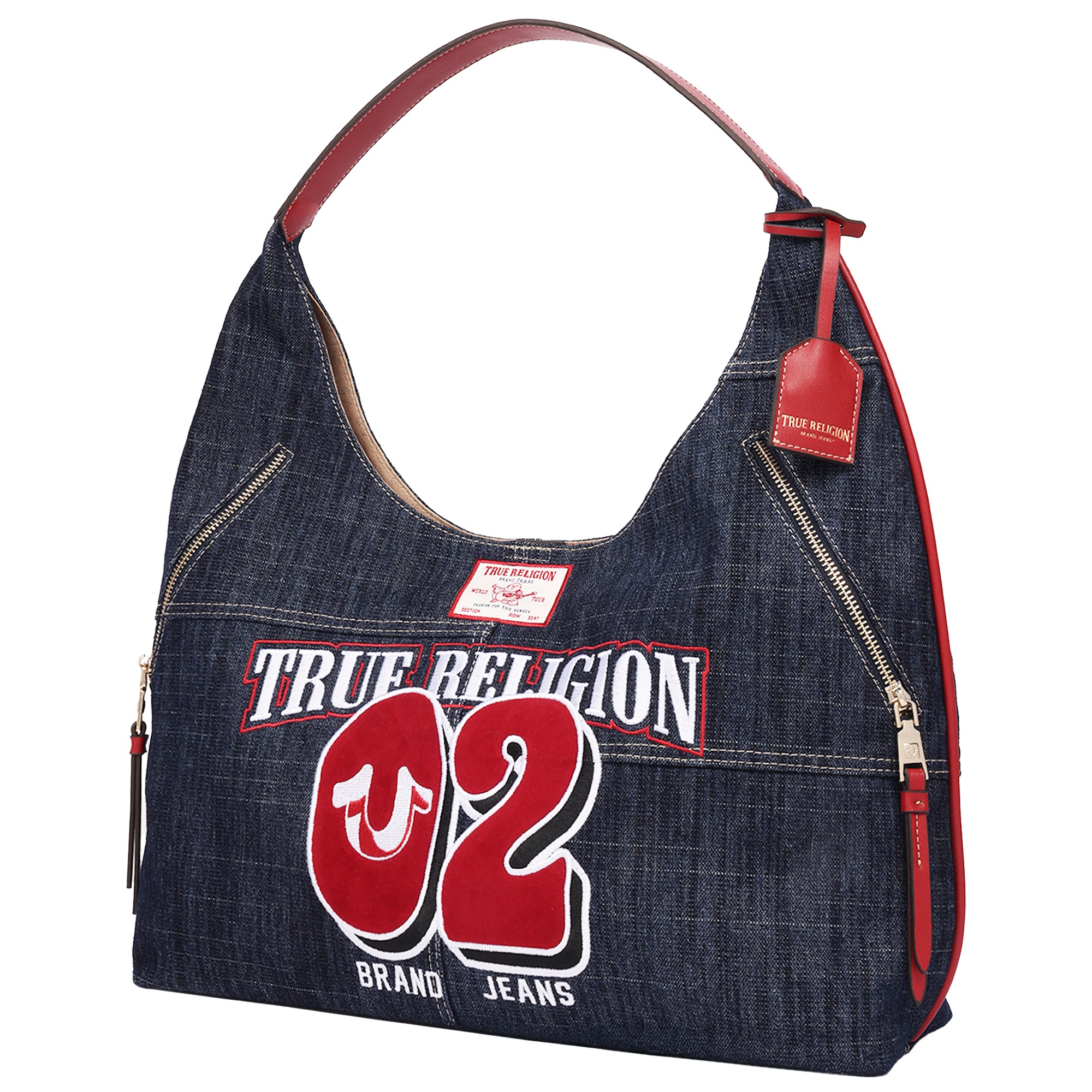 True Religion Varsity Logo Zip Pocket Denim Hobo Bag – Dark Denim Shoulder Purse