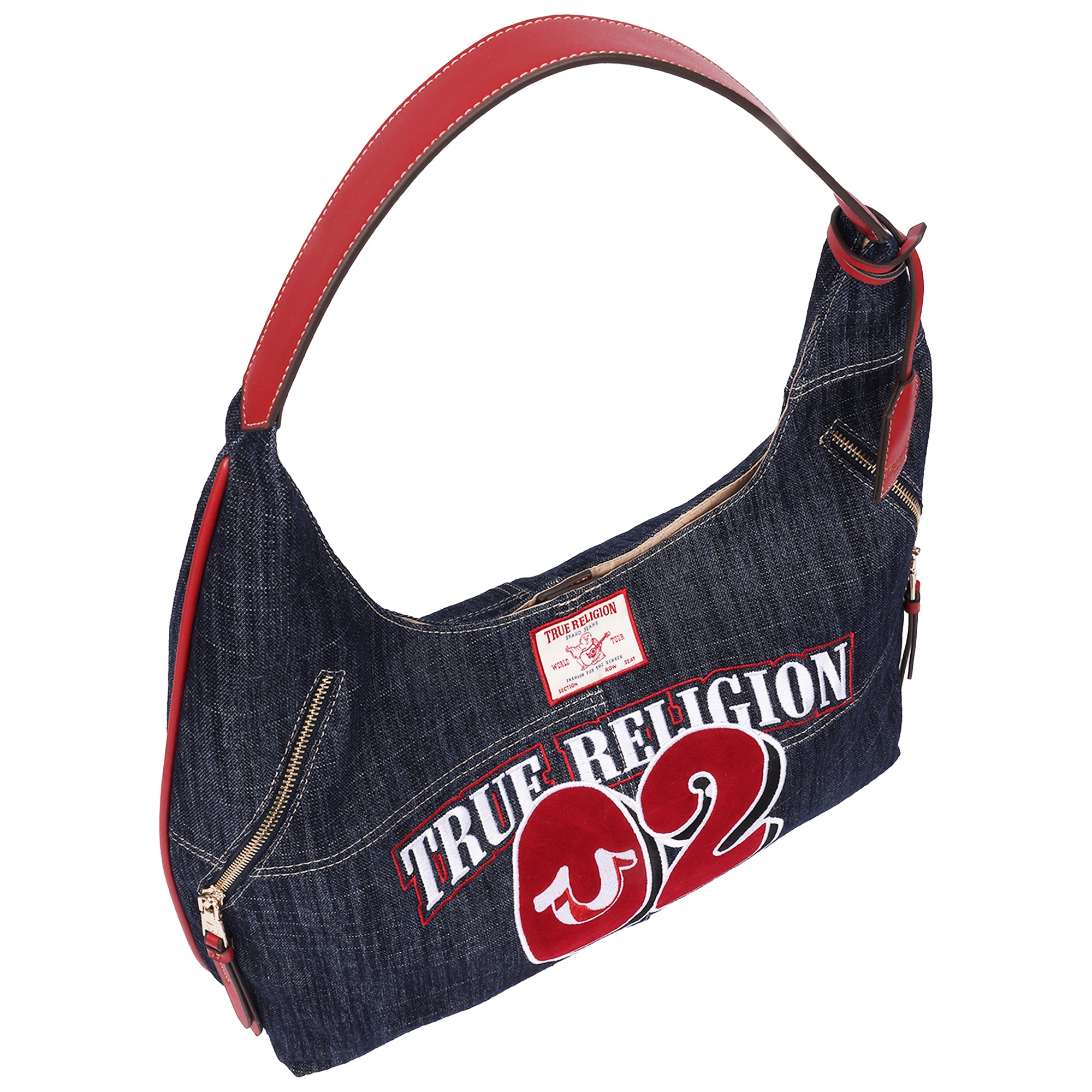True Religion Varsity Logo Zip Pocket Denim Hobo Bag – Dark Denim Shoulder Purse