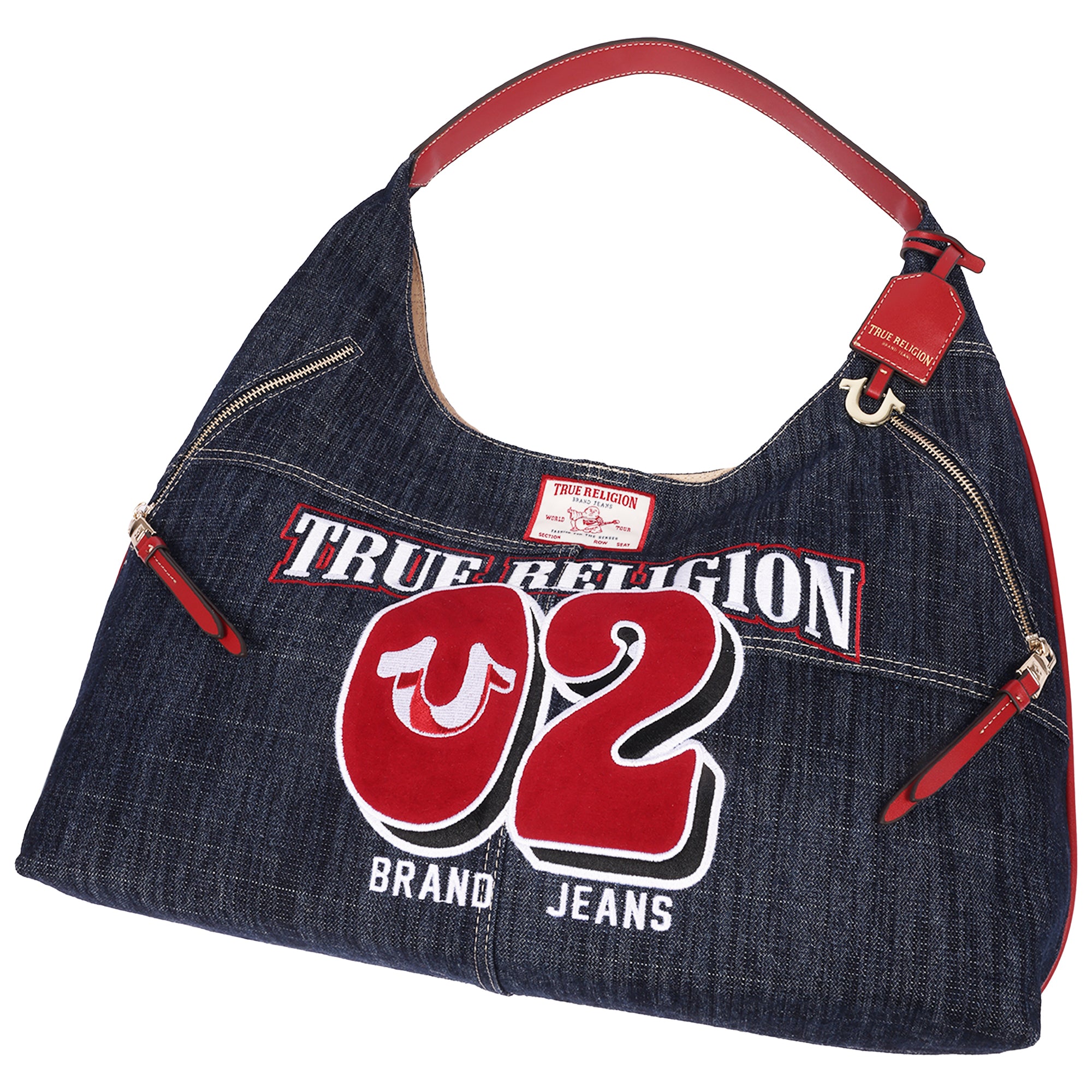True Religion Varsity Logo Zip Pocket Denim Hobo Bag – Dark Denim Shoulder Purse