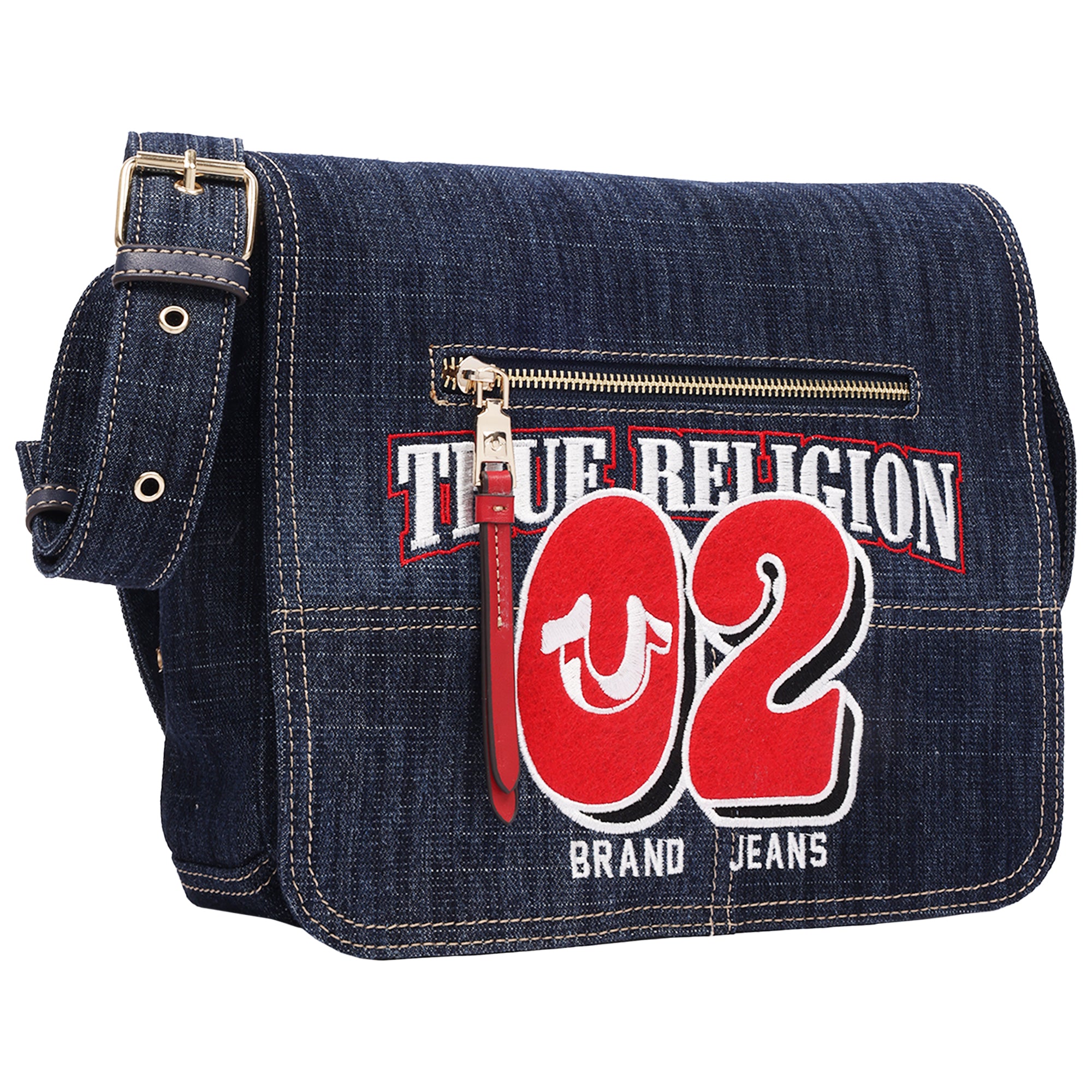 True Religion Varsity Logo Zip Pocket Denim Messenger Bag – Dark Denim Crossbody Bag