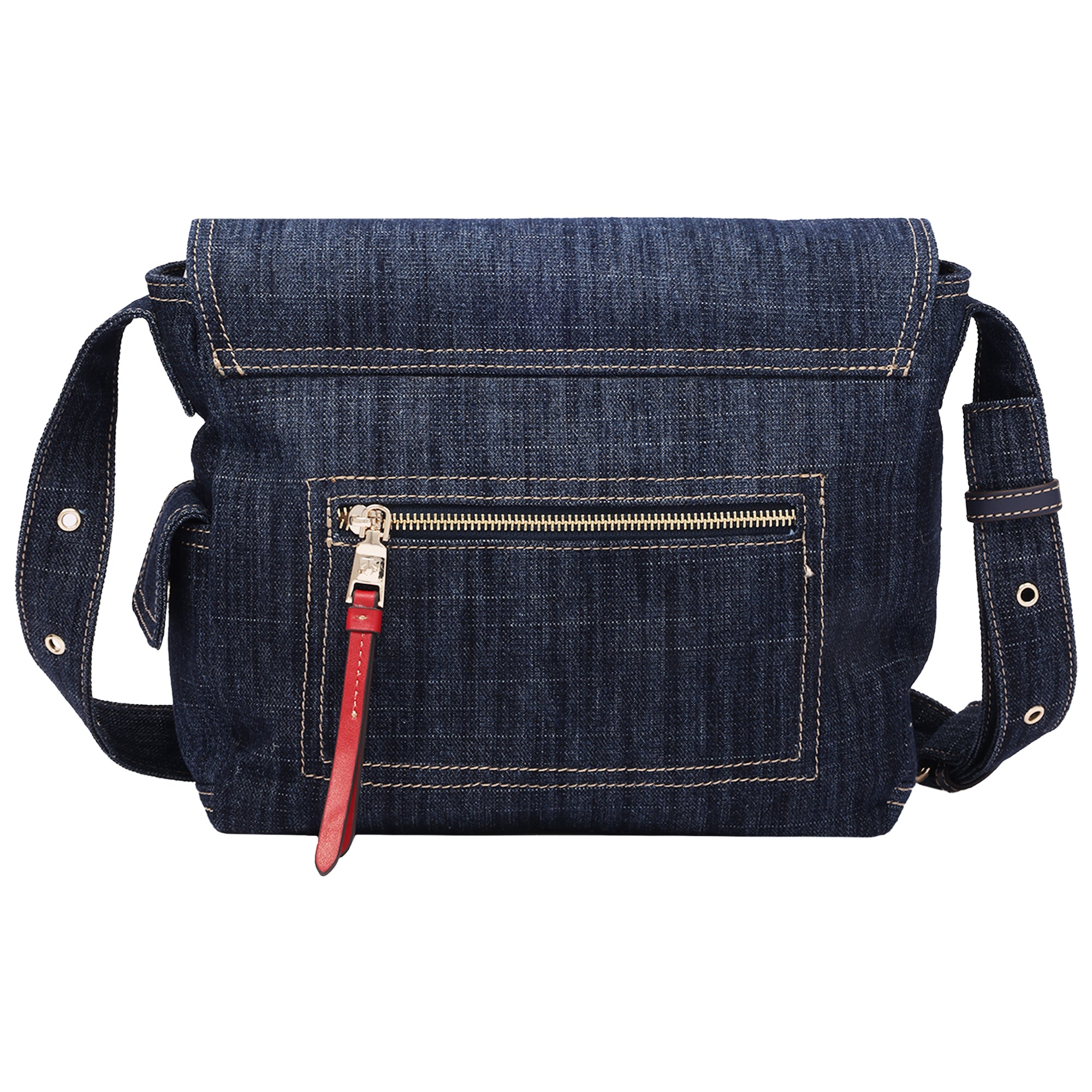 True Religion Varsity Logo Zip Pocket Denim Messenger Bag – Dark Denim Crossbody Bag