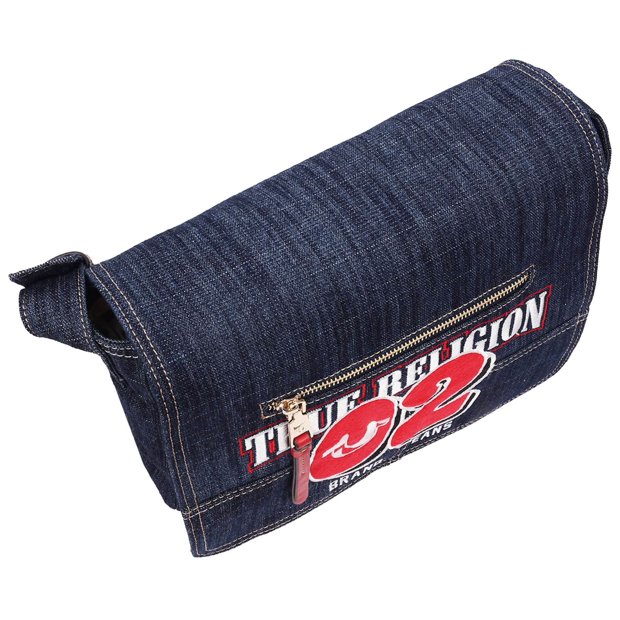 True Religion Varsity Logo Zip Pocket Denim Messenger Bag – Dark Denim Crossbody Bag