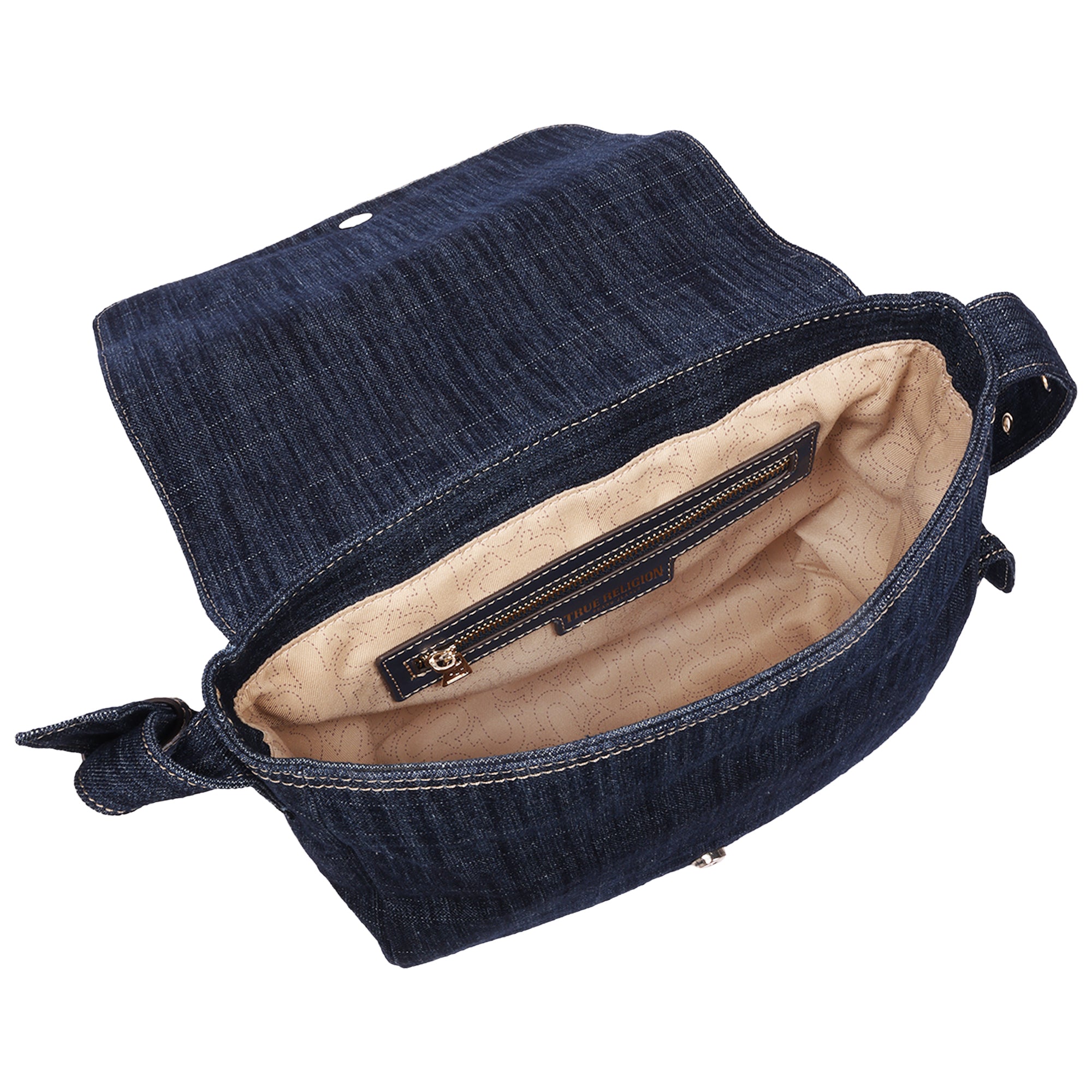 True Religion Varsity Logo Zip Pocket Denim Messenger Bag – Dark Denim Crossbody Bag