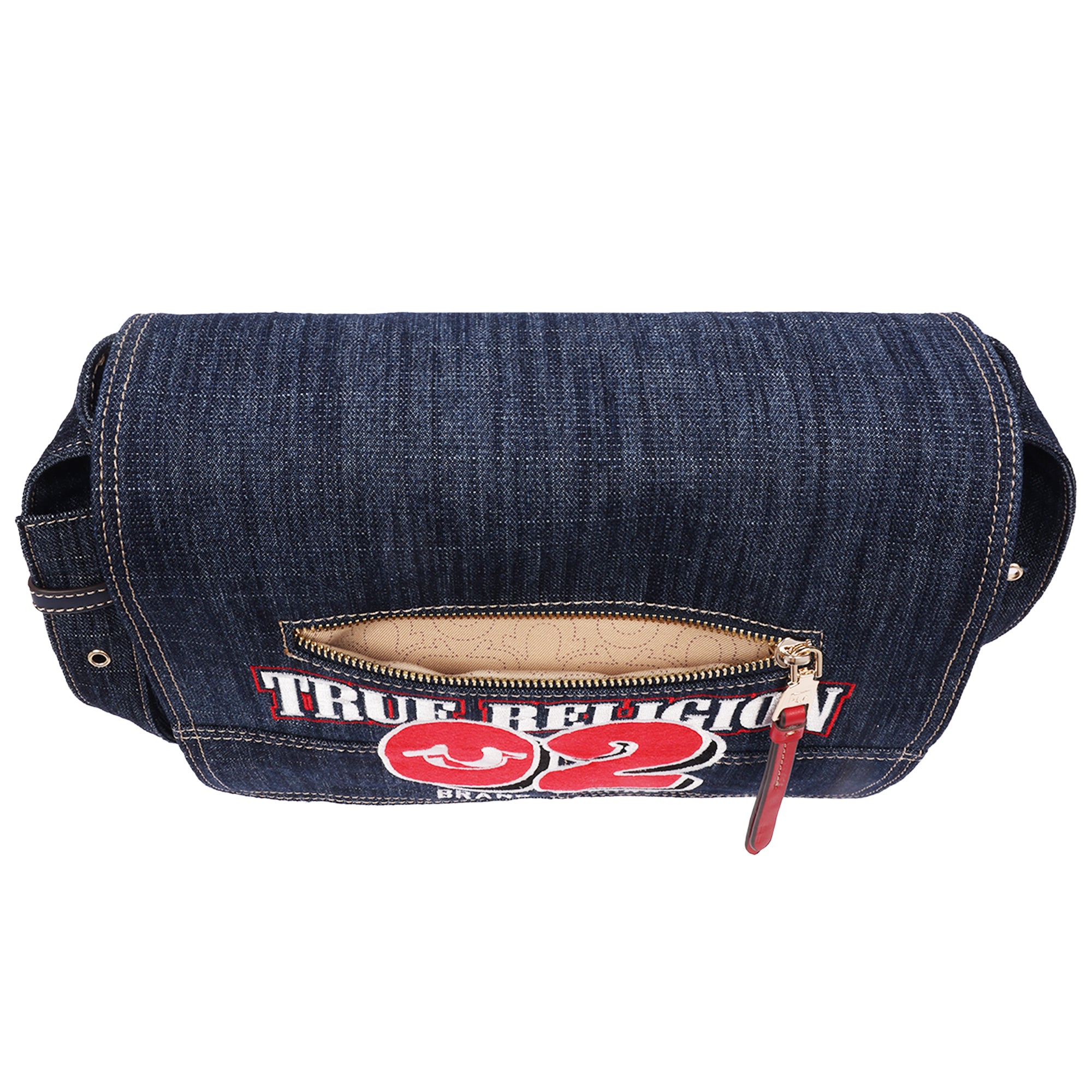 True Religion Varsity Logo Zip Pocket Denim Messenger Bag – Dark Denim Crossbody Bag