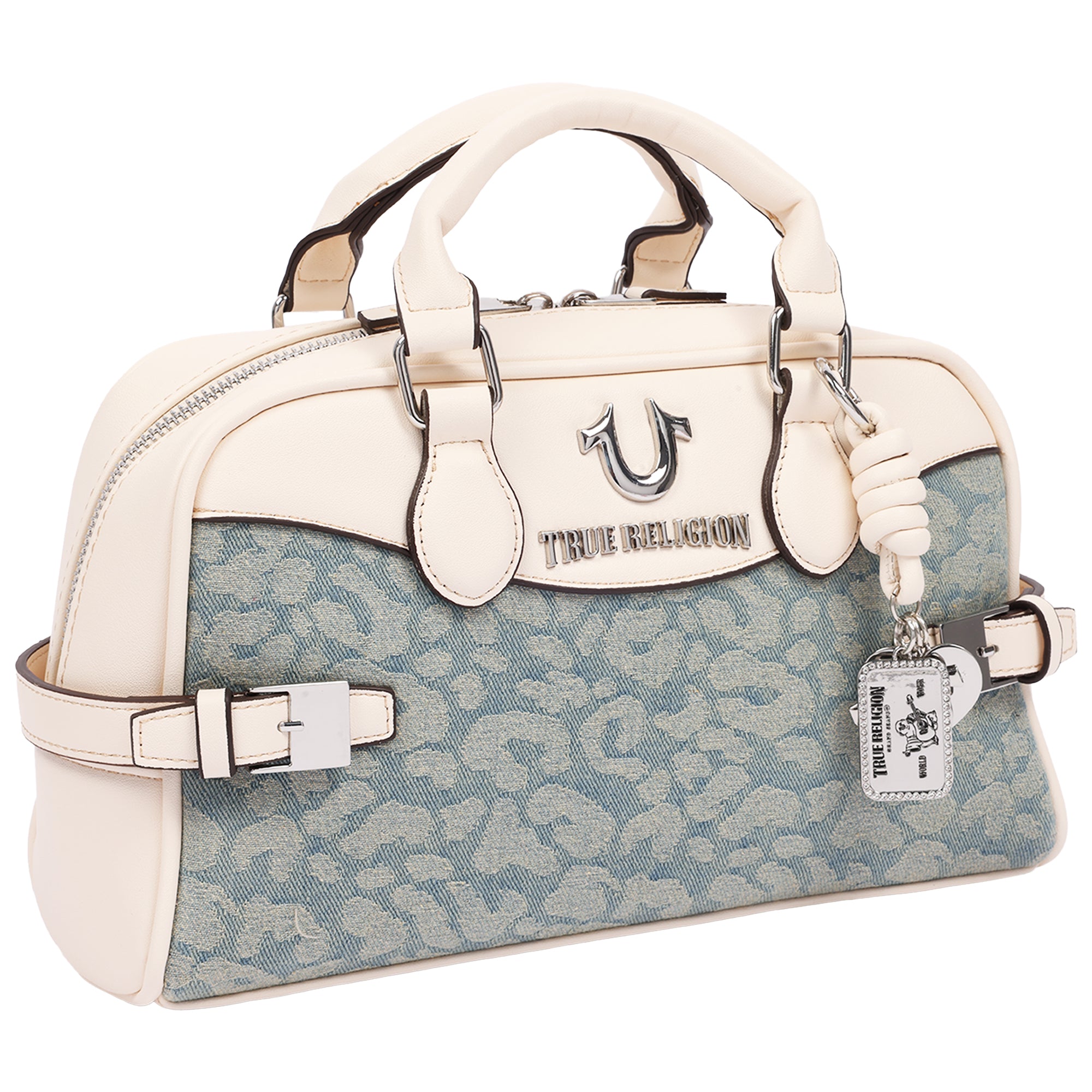 True Religion Brooks Leopard Denim Belted Satchel with Horseshoe Charm and Detachable Crossbody Strap