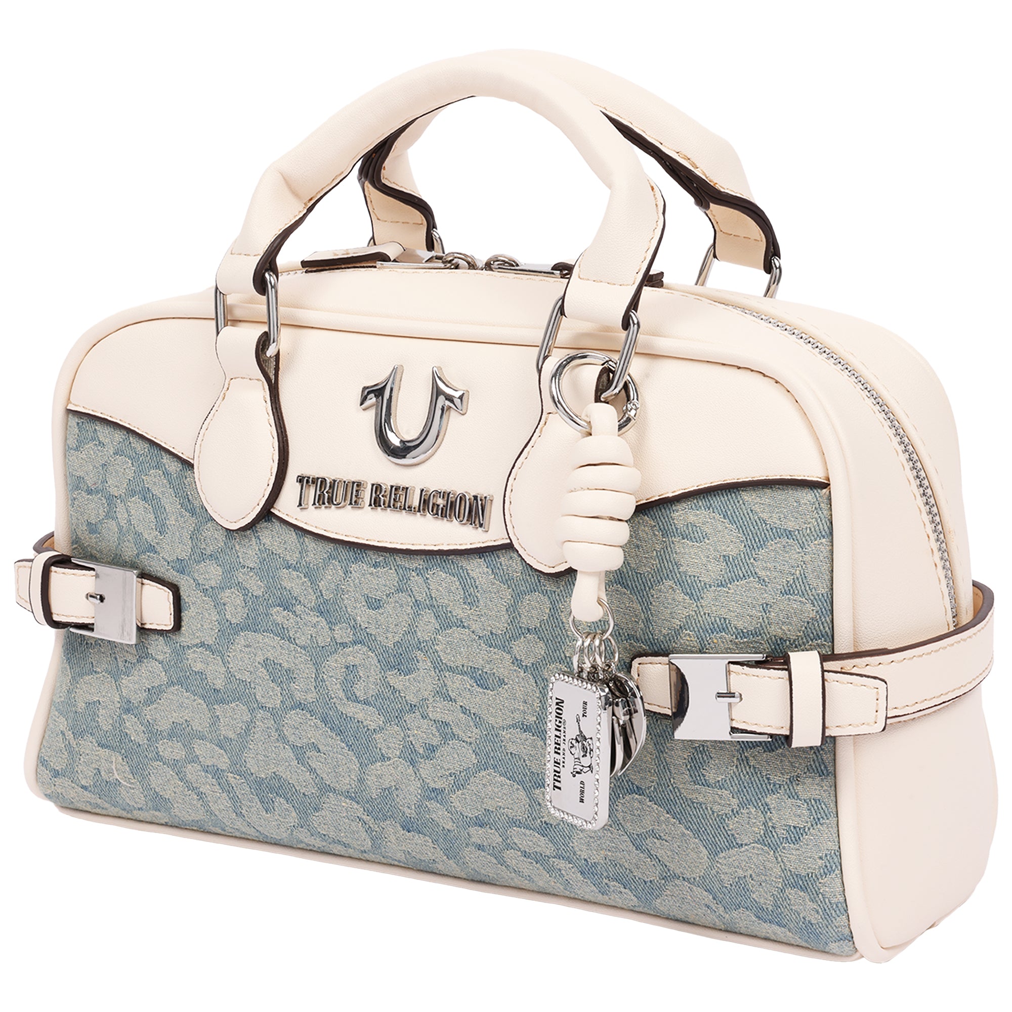 True Religion Brooks Leopard Denim Belted Satchel with Horseshoe Charm and Detachable Crossbody Strap