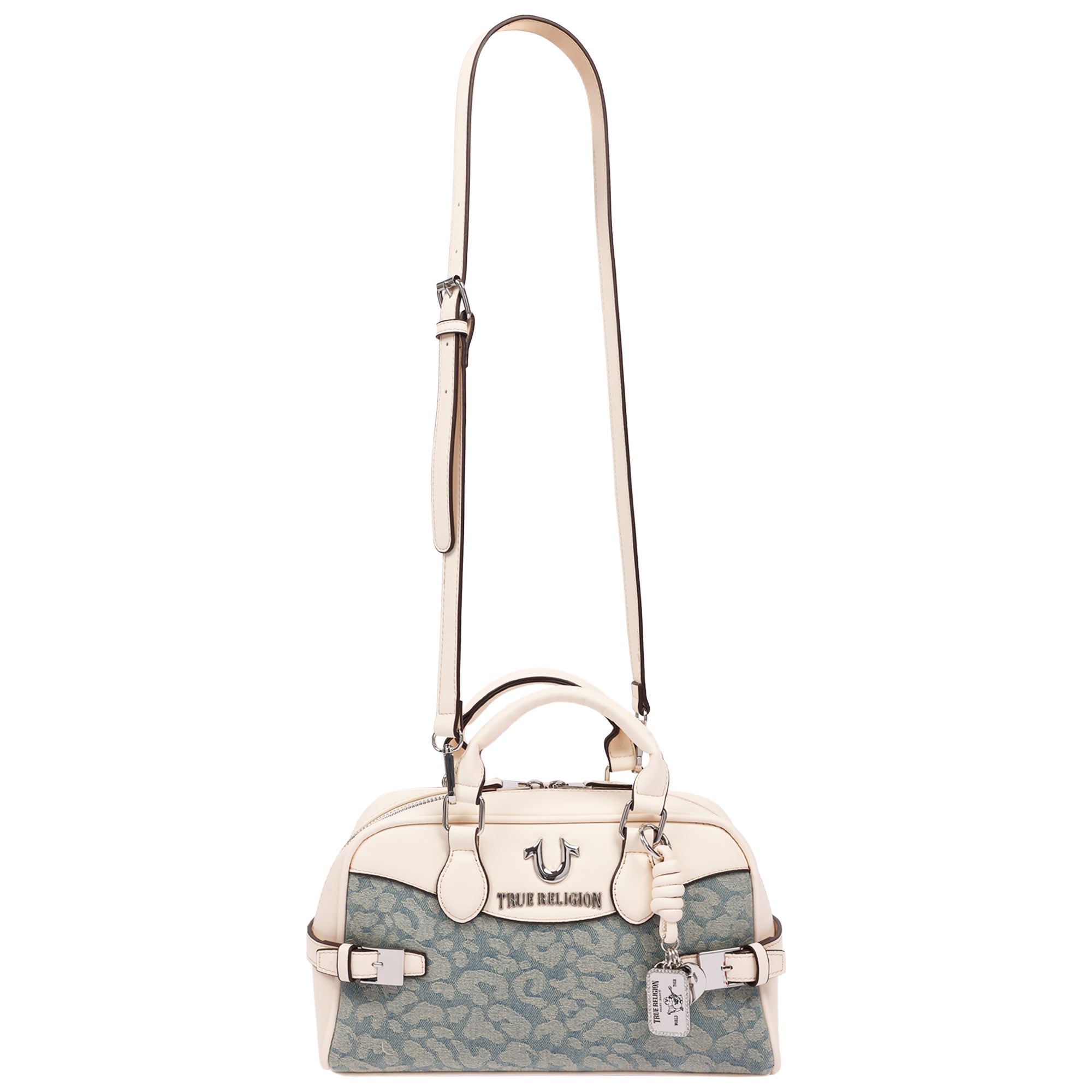 True Religion Brooks Leopard Denim Belted Satchel with Horseshoe Charm and Detachable Crossbody Strap
