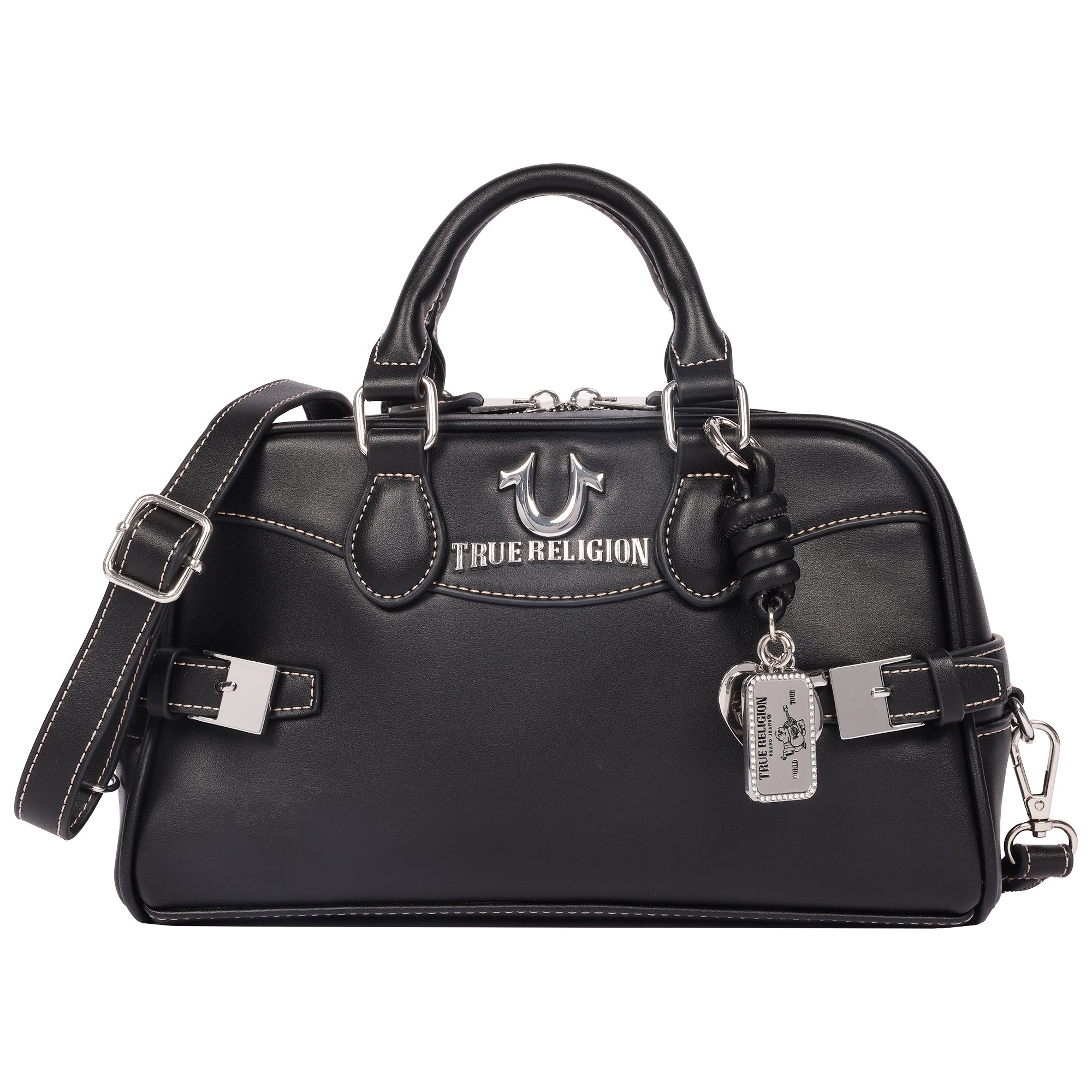True Religion Brooks Smooth PU Belted Satchel – Women’s Top Handle Satchel with Detachable Crossbody Strap (Black)