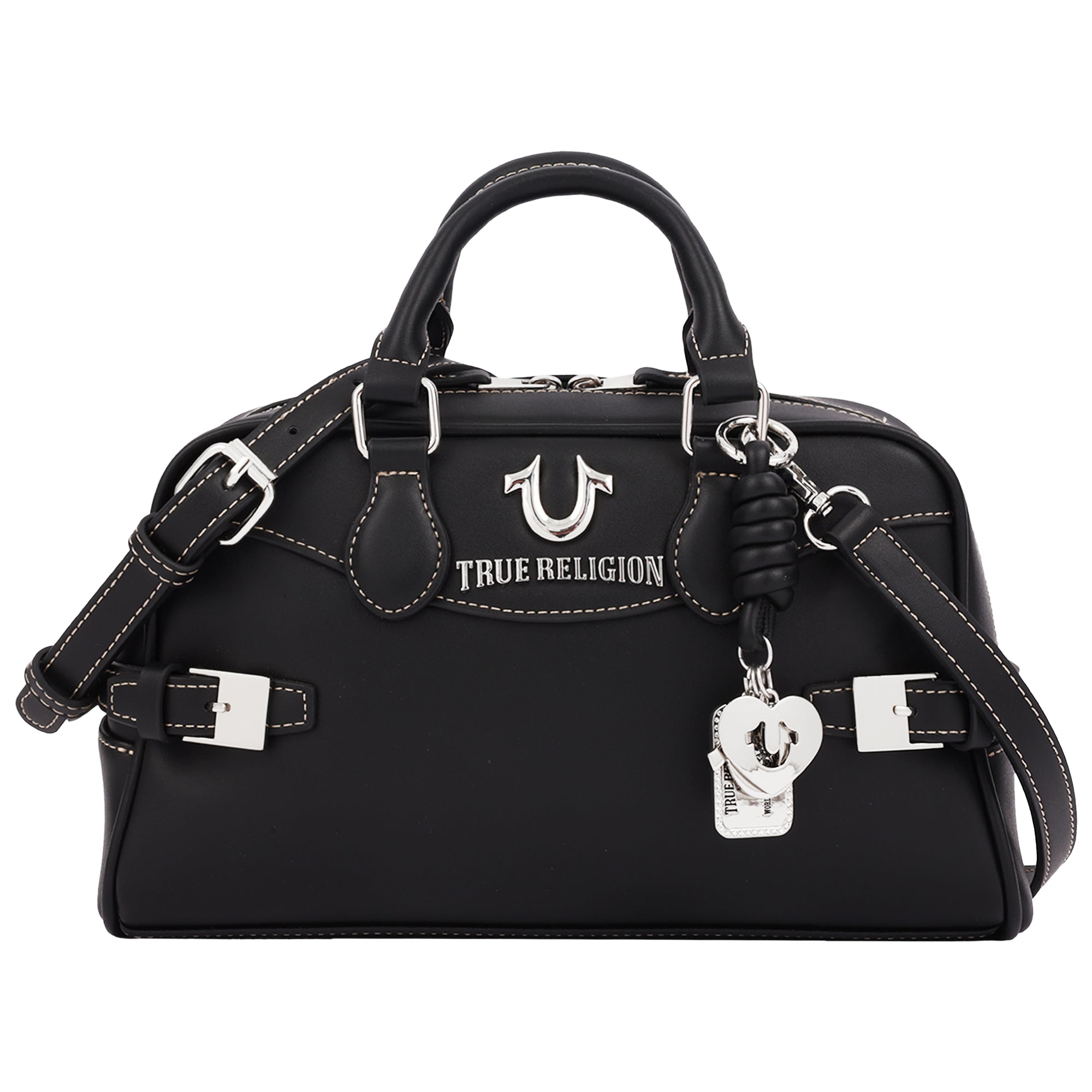 True Religion Brooks Smooth PU Belted Satchel – Women’s Top Handle Satchel with Detachable Crossbody Strap (Black)