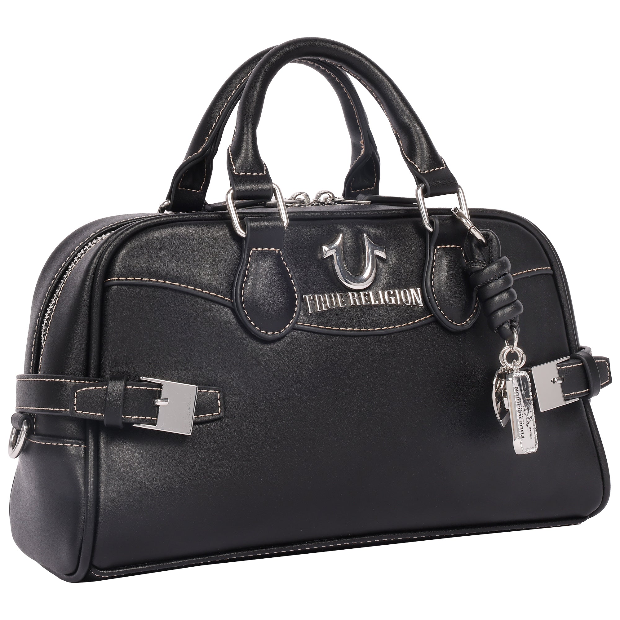 True Religion Brooks Smooth PU Belted Satchel – Women’s Top Handle Satchel with Detachable Crossbody Strap (Black)