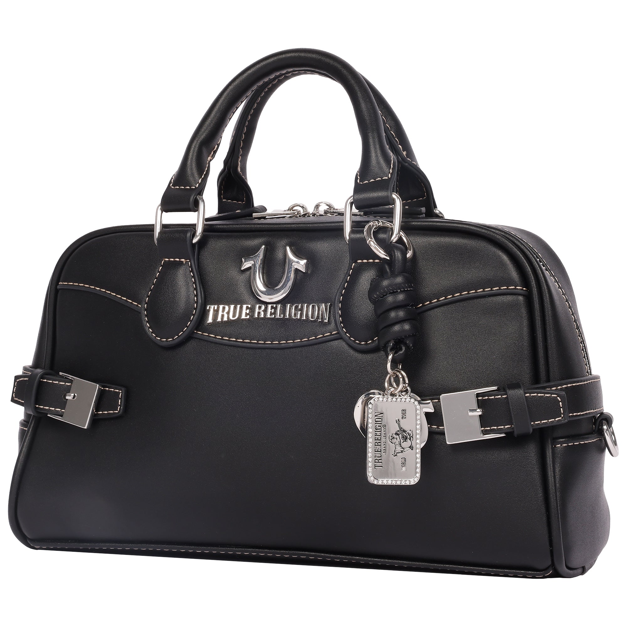 True Religion Brooks Smooth PU Belted Satchel – Women’s Top Handle Satchel with Detachable Crossbody Strap (Black)