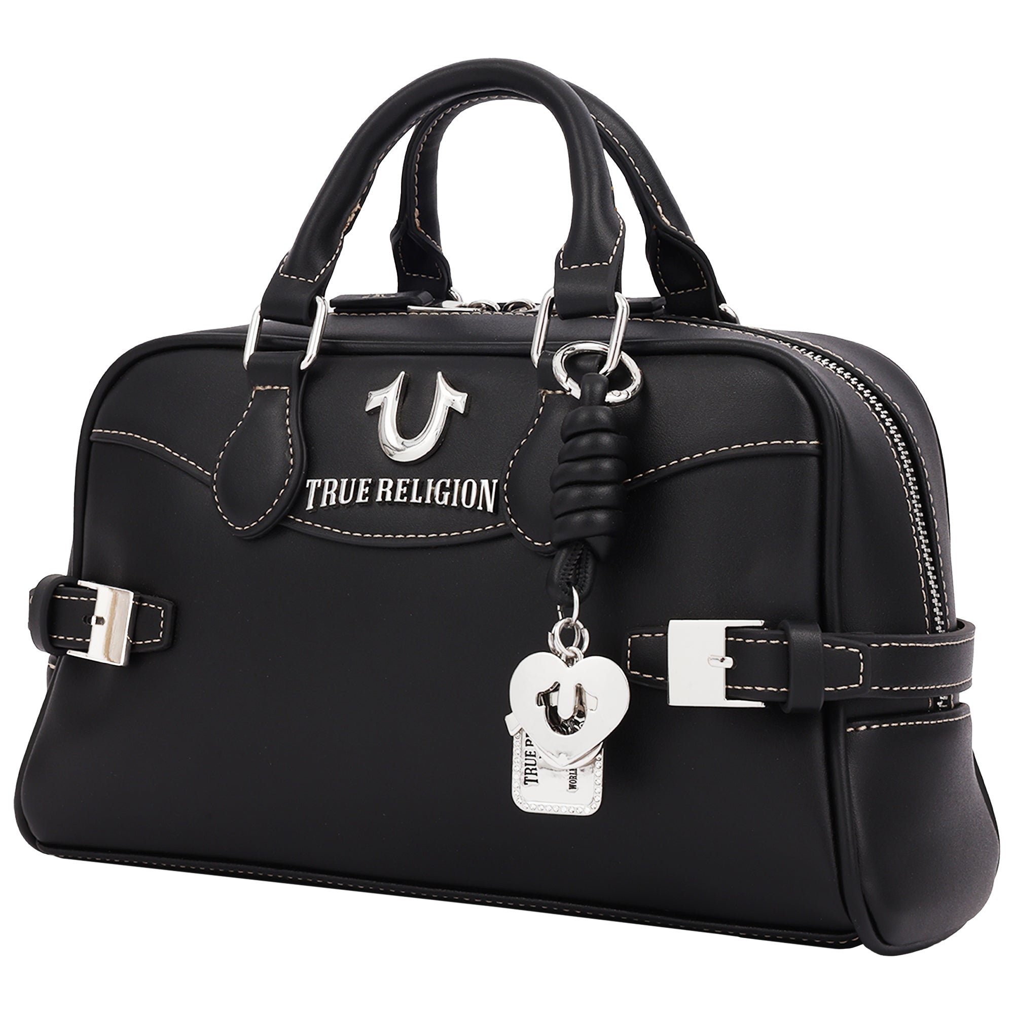 True Religion Brooks Smooth PU Belted Satchel – Women’s Top Handle Satchel with Detachable Crossbody Strap (Black)
