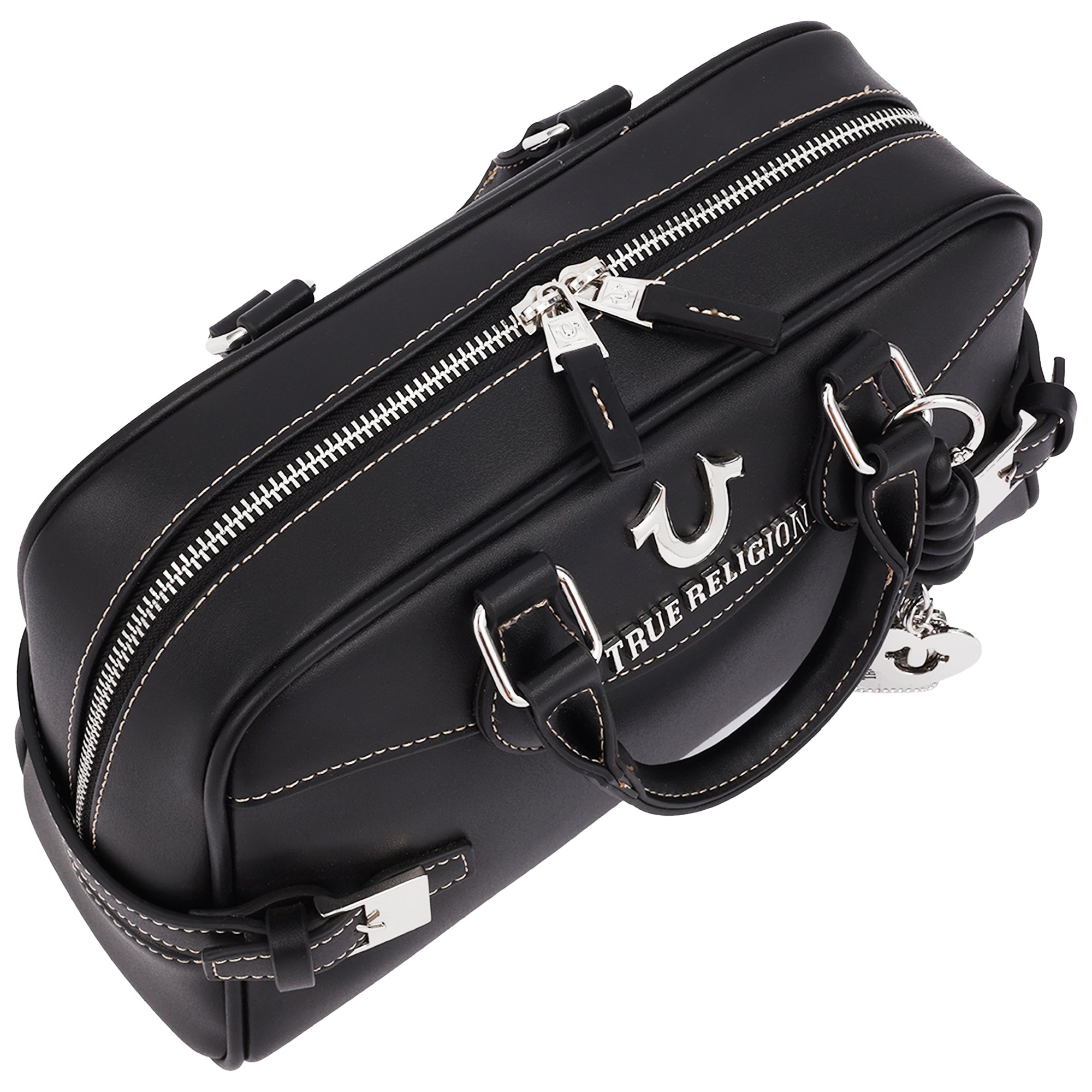 True Religion Brooks Smooth PU Belted Satchel – Women’s Top Handle Satchel with Detachable Crossbody Strap (Black)