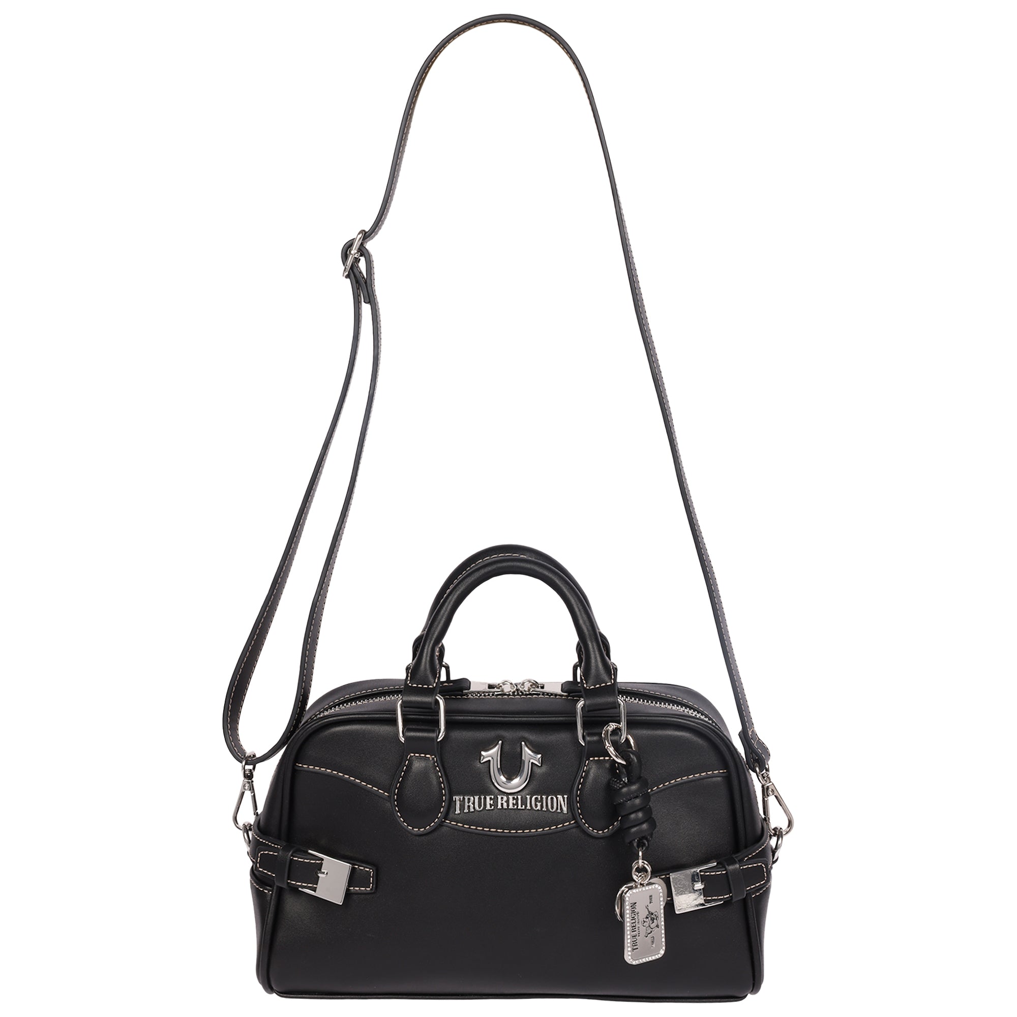 True Religion Brooks Smooth PU Belted Satchel – Women’s Top Handle Satchel with Detachable Crossbody Strap (Black)