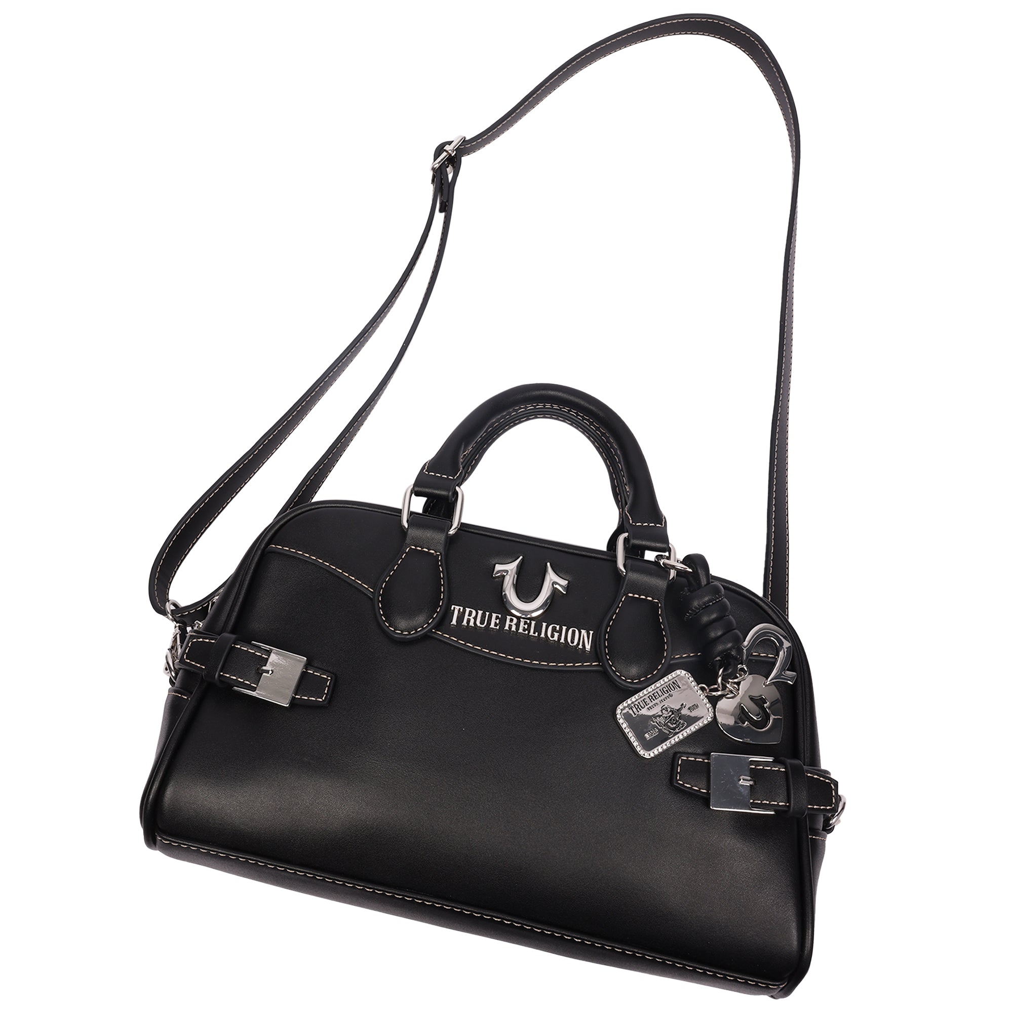 True Religion Brooks Smooth PU Belted Satchel – Women’s Top Handle Satchel with Detachable Crossbody Strap (Black)