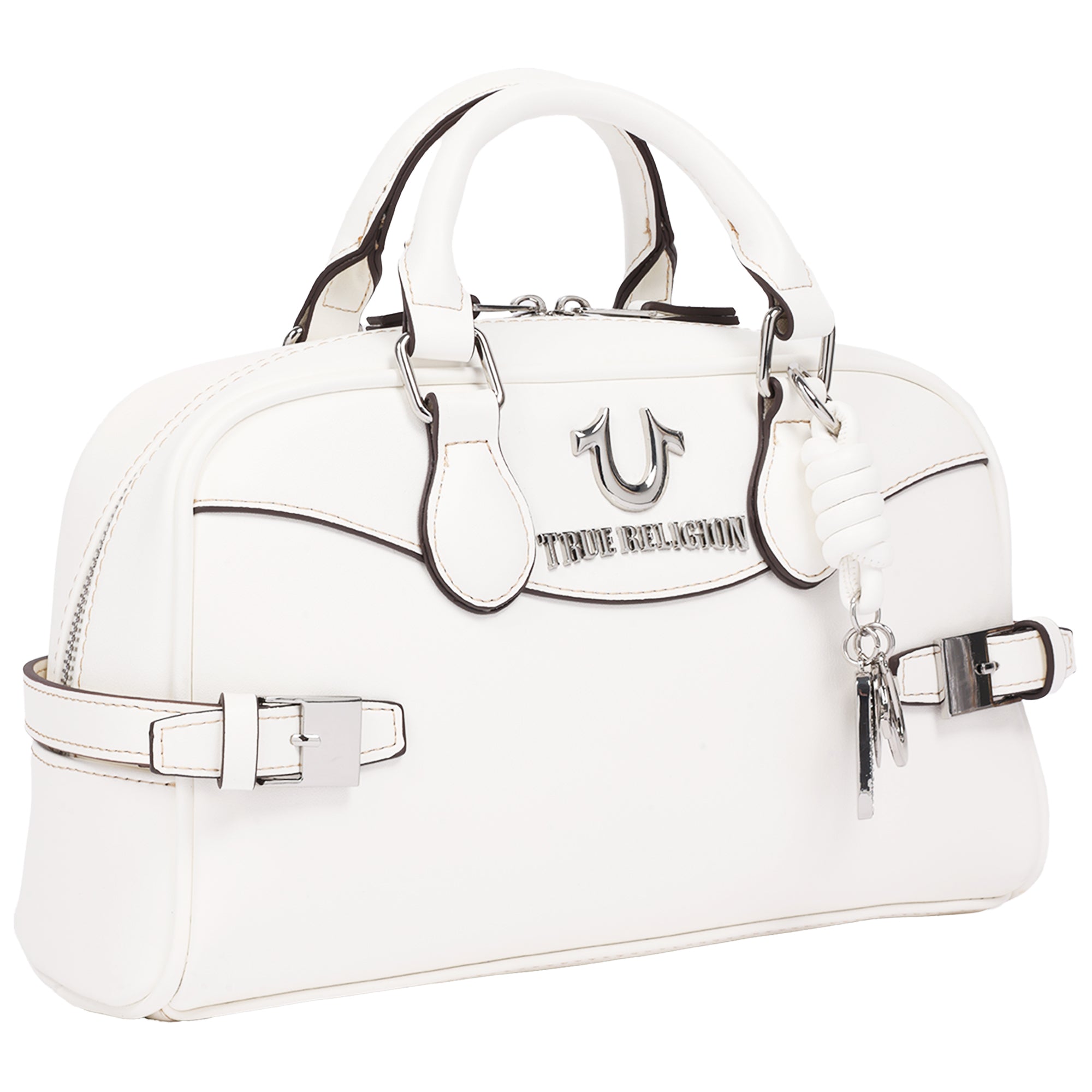 True Religion Brooks Smooth PU Belted Satchel – Women’s Top Handle Satchel with Detachable Crossbody Strap (Tan)