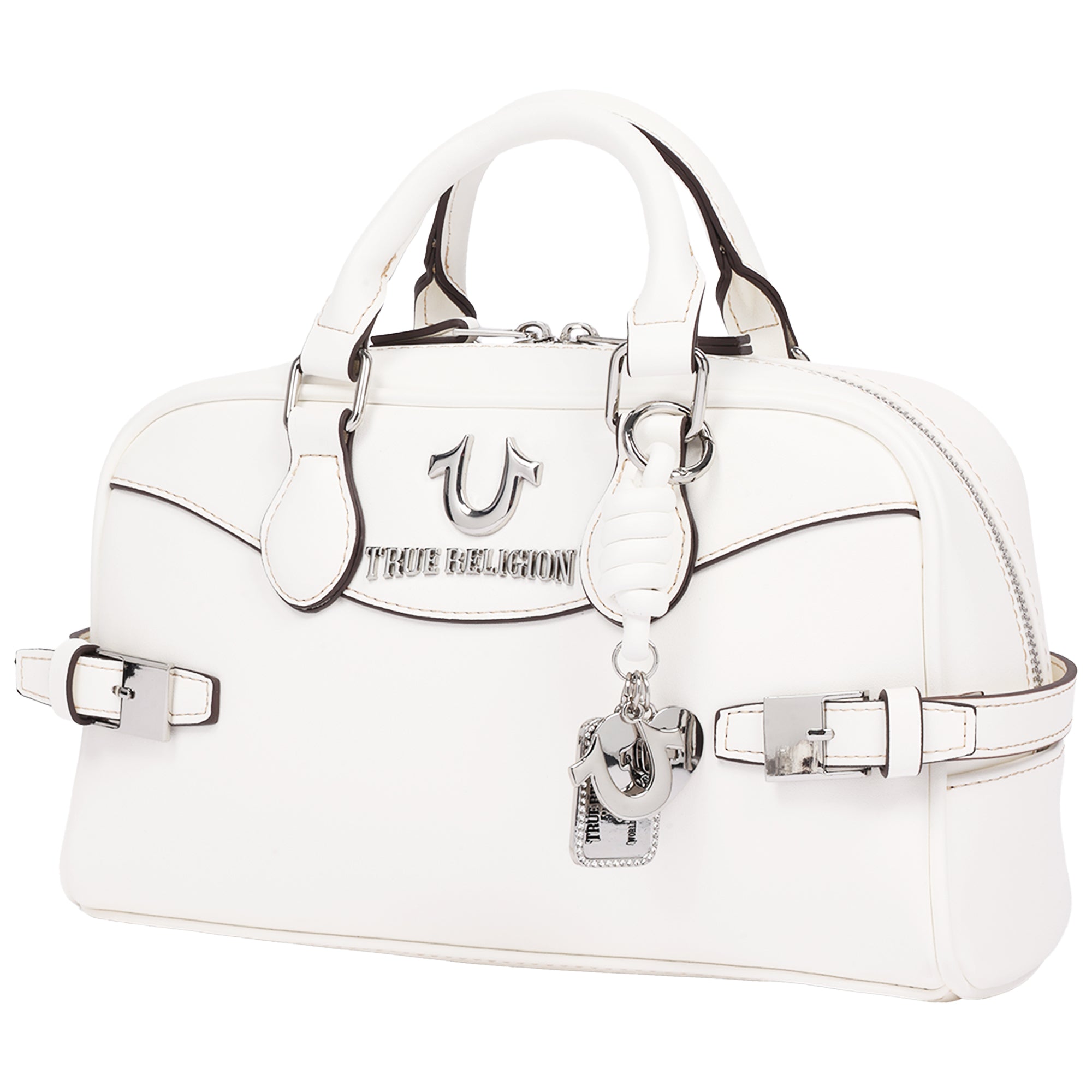 True Religion Brooks Smooth PU Belted Satchel – Women’s Top Handle Satchel with Detachable Crossbody Strap (Tan)