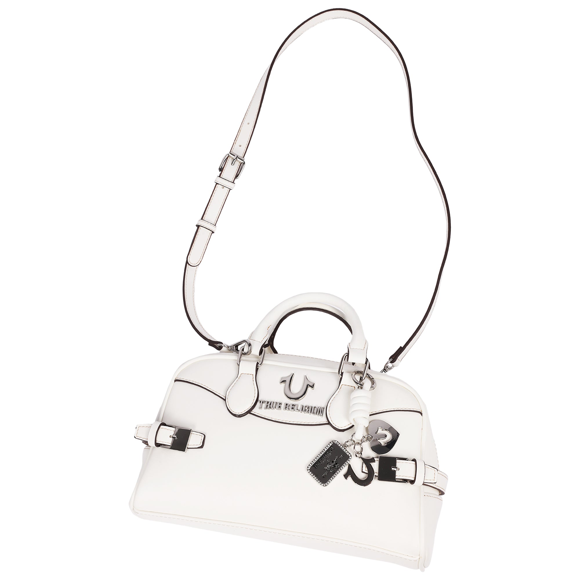 True Religion Brooks Smooth PU Belted Satchel – Women’s Top Handle Satchel with Detachable Crossbody Strap (Tan)