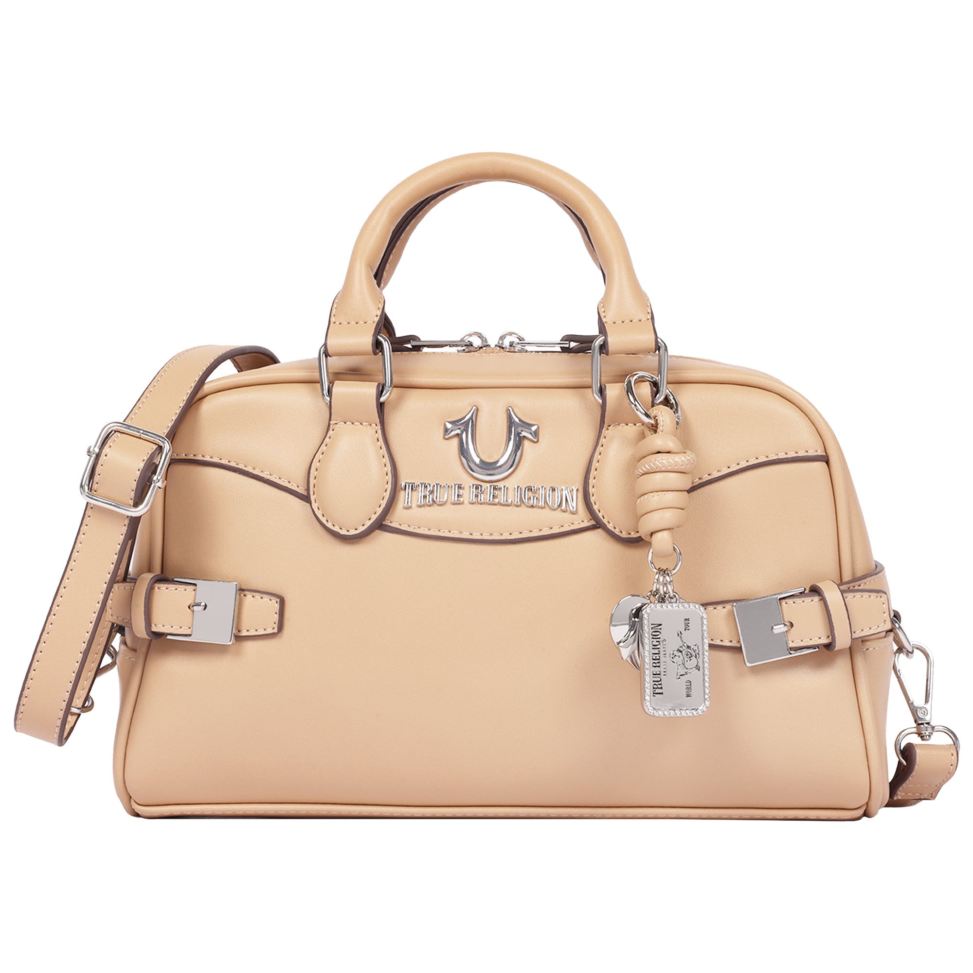 True Religion Brooks Smooth PU Belted Satchel – Women’s Top Handle Satchel with Detachable Crossbody Strap (Tan)
