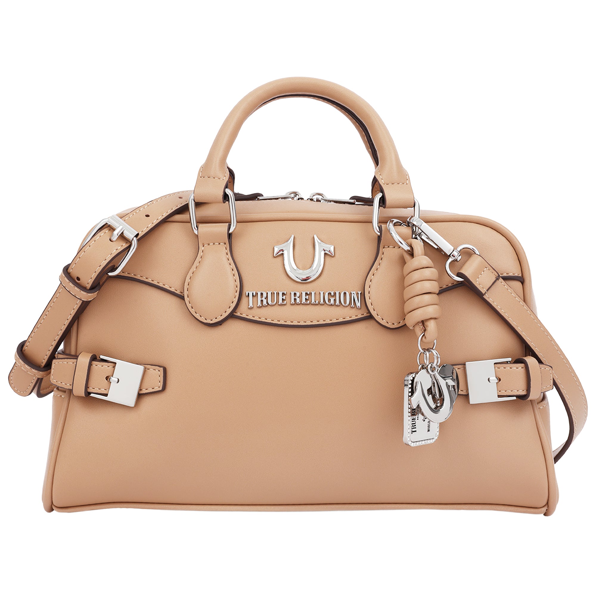 True Religion Brooks Smooth PU Belted Satchel – Women’s Top Handle Satchel with Detachable Crossbody Strap (Tan)