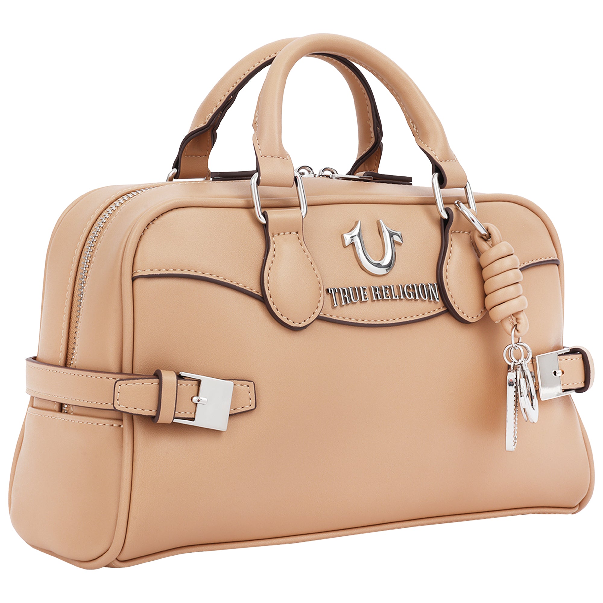 True Religion Brooks Smooth PU Belted Satchel – Women’s Top Handle Satchel with Detachable Crossbody Strap (Tan)