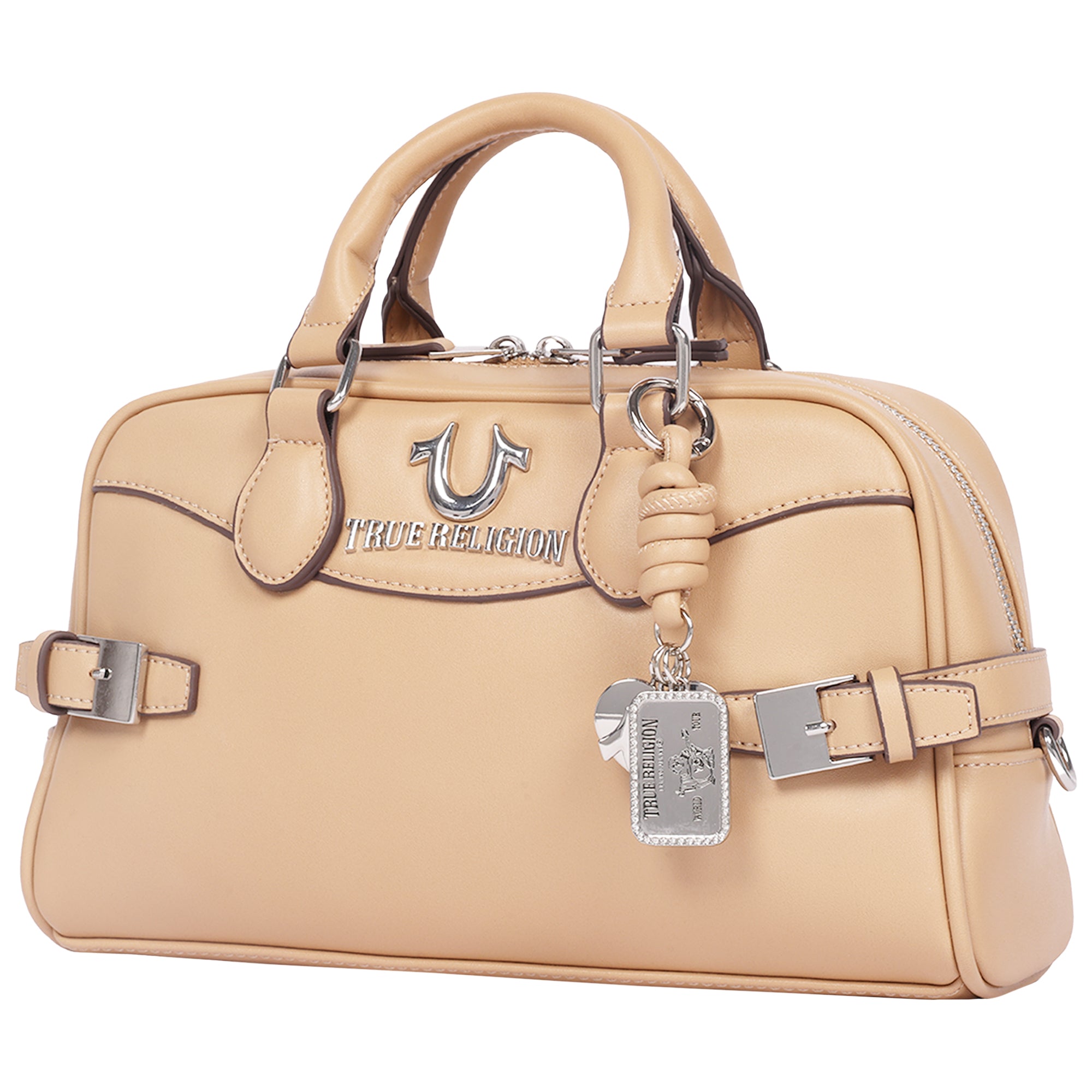 True Religion Brooks Smooth PU Belted Satchel – Women’s Top Handle Satchel with Detachable Crossbody Strap (Tan)