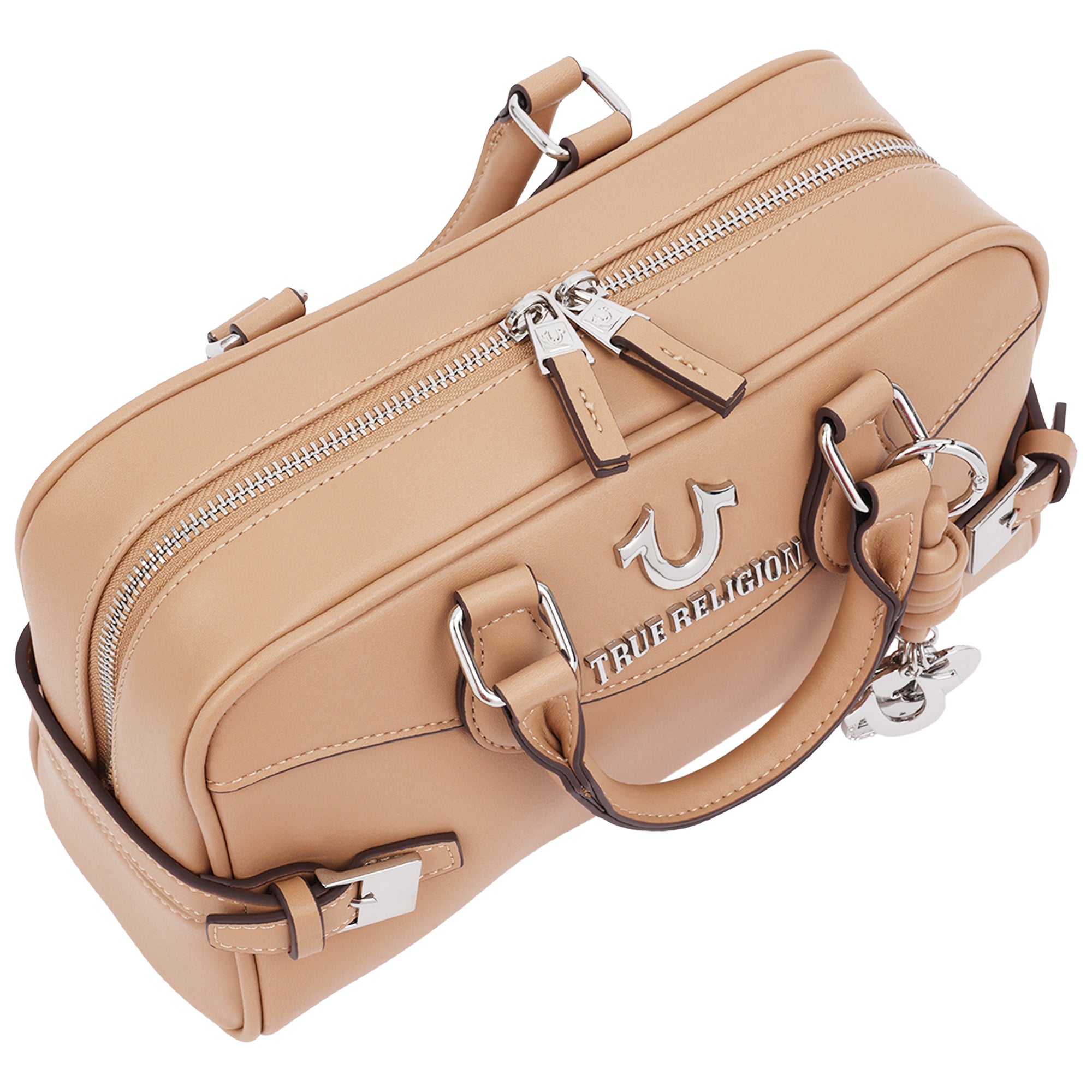 True Religion Brooks Smooth PU Belted Satchel – Women’s Top Handle Satchel with Detachable Crossbody Strap (Tan)