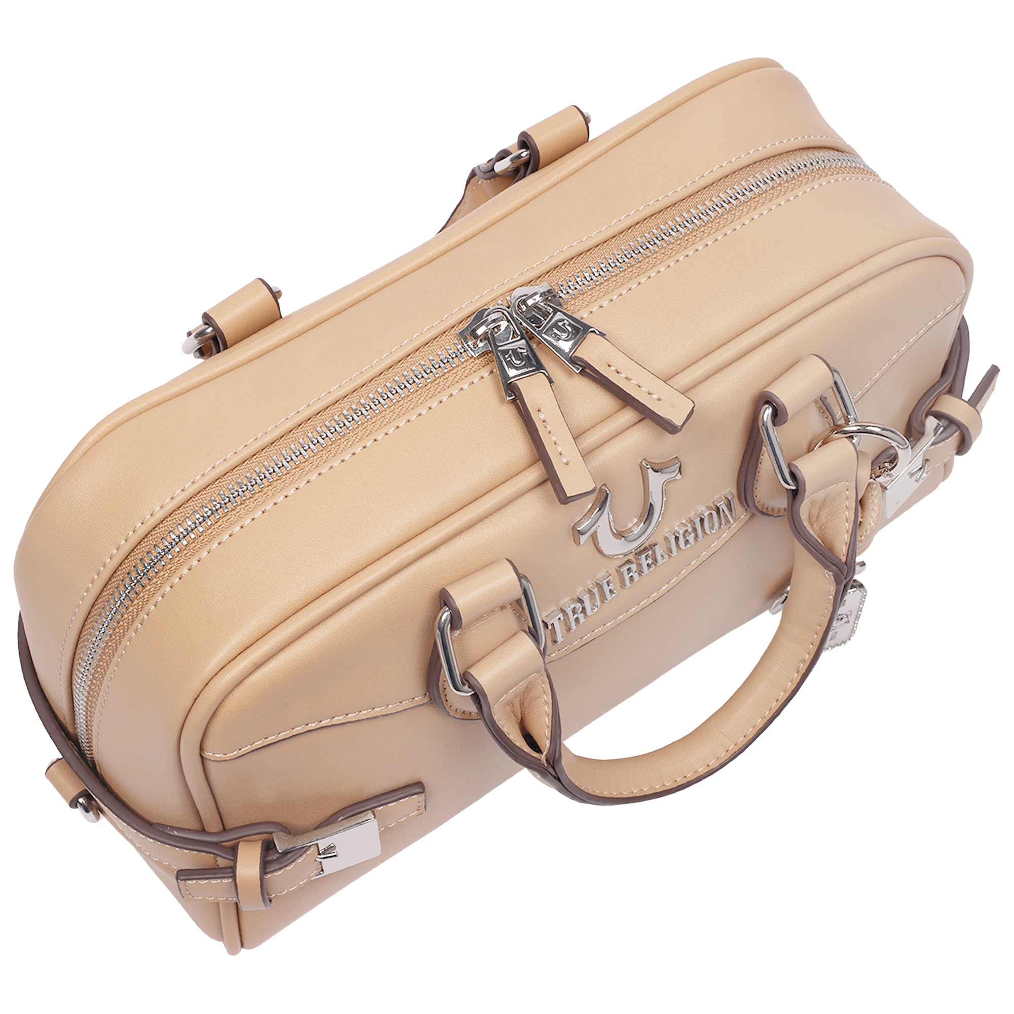 True Religion Brooks Smooth PU Belted Satchel – Women’s Top Handle Satchel with Detachable Crossbody Strap (Tan)